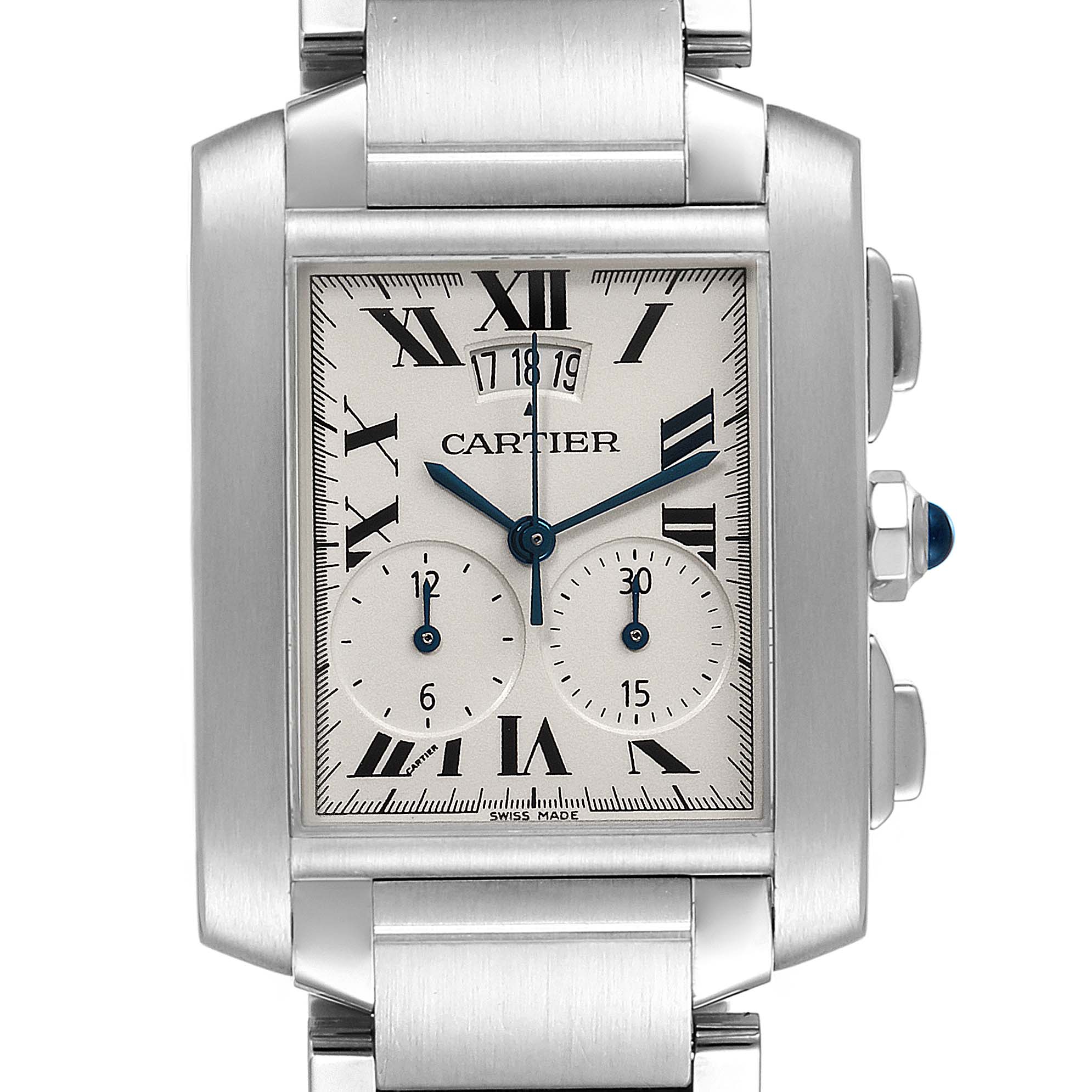 Front view of the Cartier Tank Française watch showcasing its rectangular dial, Roman numerals, subdials, and metal bracelet.