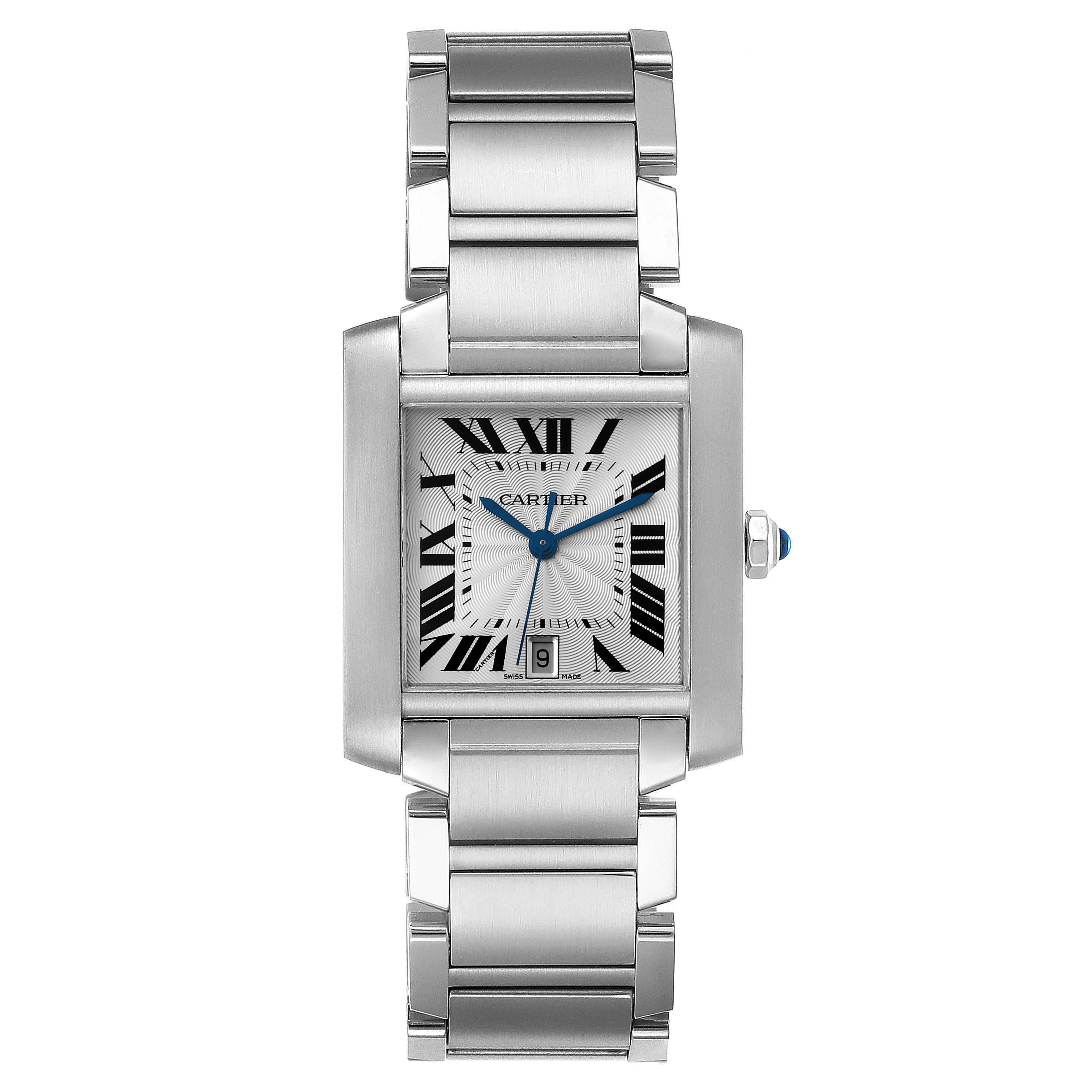 The image shows a front view of the Cartier Tank Francaise W51002Q3 Men's Stainless Steel Silver Dial W51002Q3 Men's Stainless Steel Silver Dial watch with a stainless steel bracelet and Roman numeral dial.