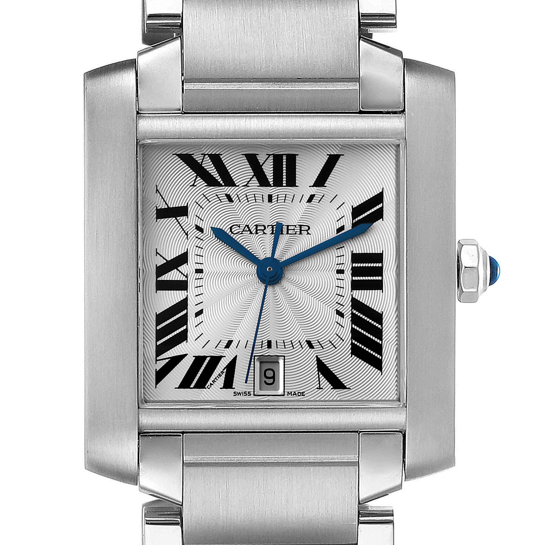 This Cartier Tank Francaise W51002Q3 Men's Stainless Steel Silver Dial W51002Q3 Men's Stainless Steel Silver Dial watch is shown from a front angle, highlighting the dial, hands, date window, and part of the bracelet.