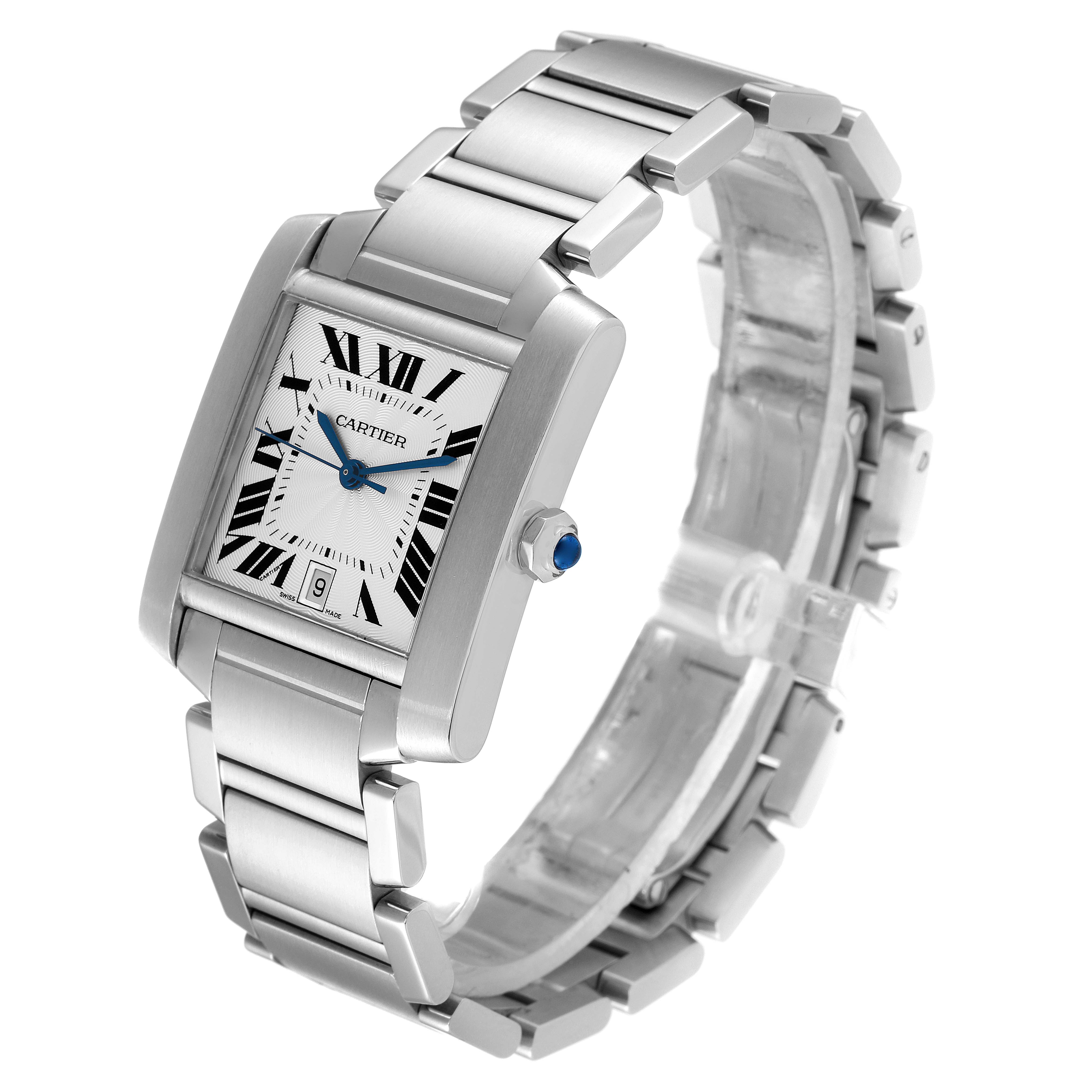 The image shows a Cartier Tank Francaise W51002Q3 Men's Stainless Steel Silver Dial W51002Q3 Men's Stainless Steel Silver Dial watch on its side, highlighting its rectangular face, bracelet, and crown with a blue cabochon.
