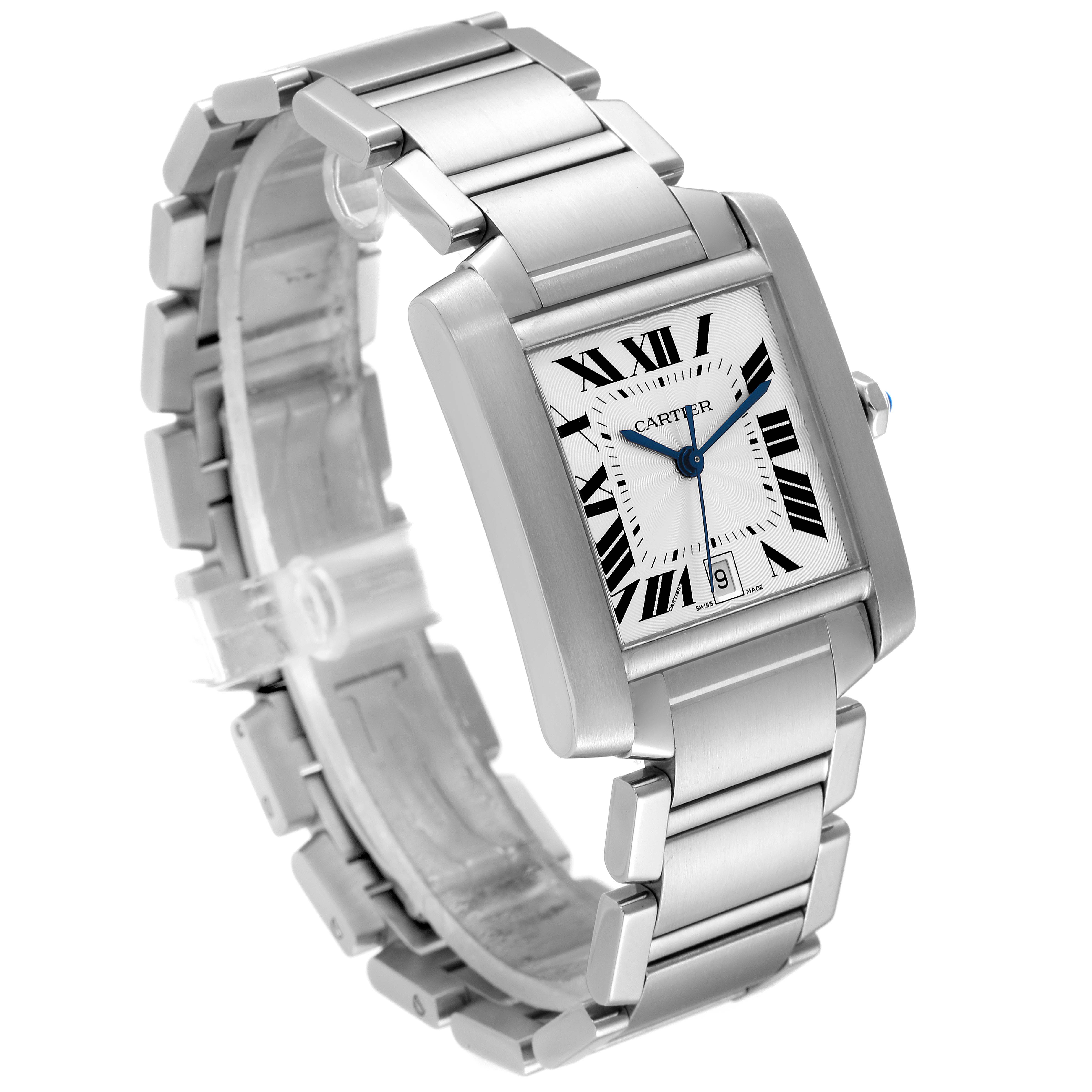 The image shows a Cartier Tank Francaise W51002Q3 Men's Stainless Steel Silver Dial W51002Q3 Men's Stainless Steel Silver Dial watch at a slight angle, displaying its face, band, and clasp.