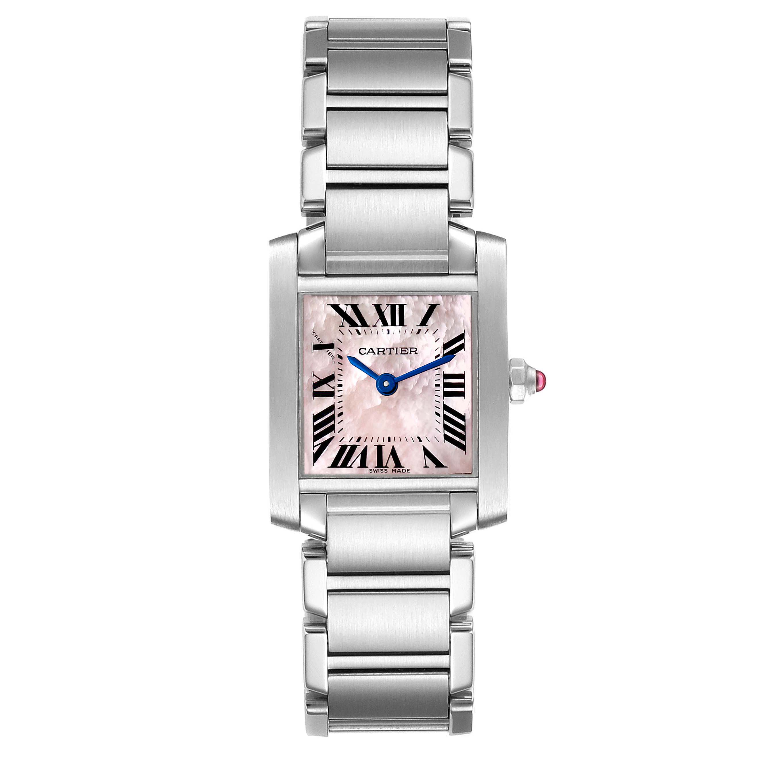 The Cartier Tank Française watch is shown from a top-down view, highlighting its rectangular face and bracelet.