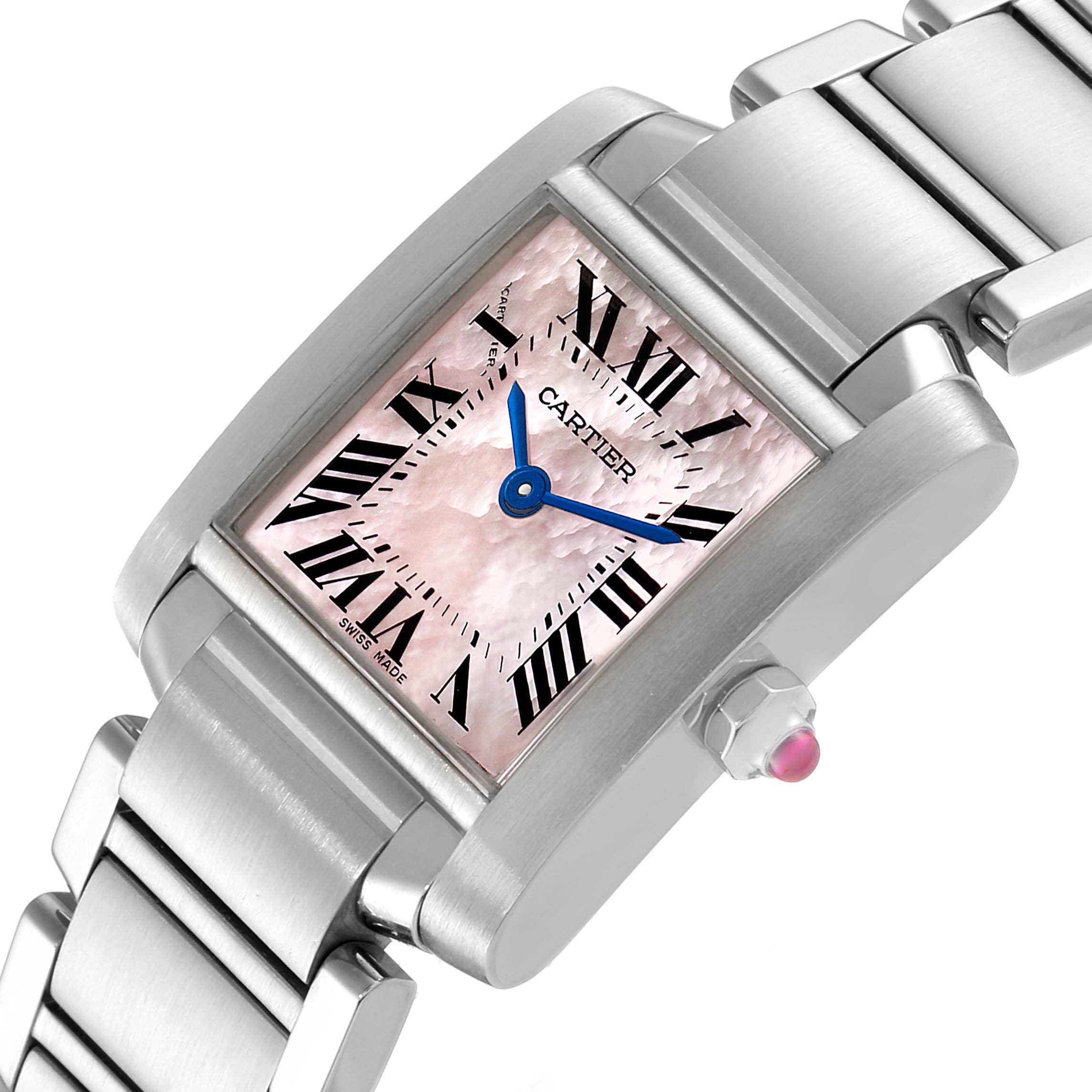 The Cartier Tank Francaise W51028Q3 Women
s Stainless Steel Mother of Pearl Dial W51028Q3 Women
s Stainless Steel Mother of Pearl Dial watch is shown from an oblique top angle, highlighting the dial, blue hands, and part of the bracelet.