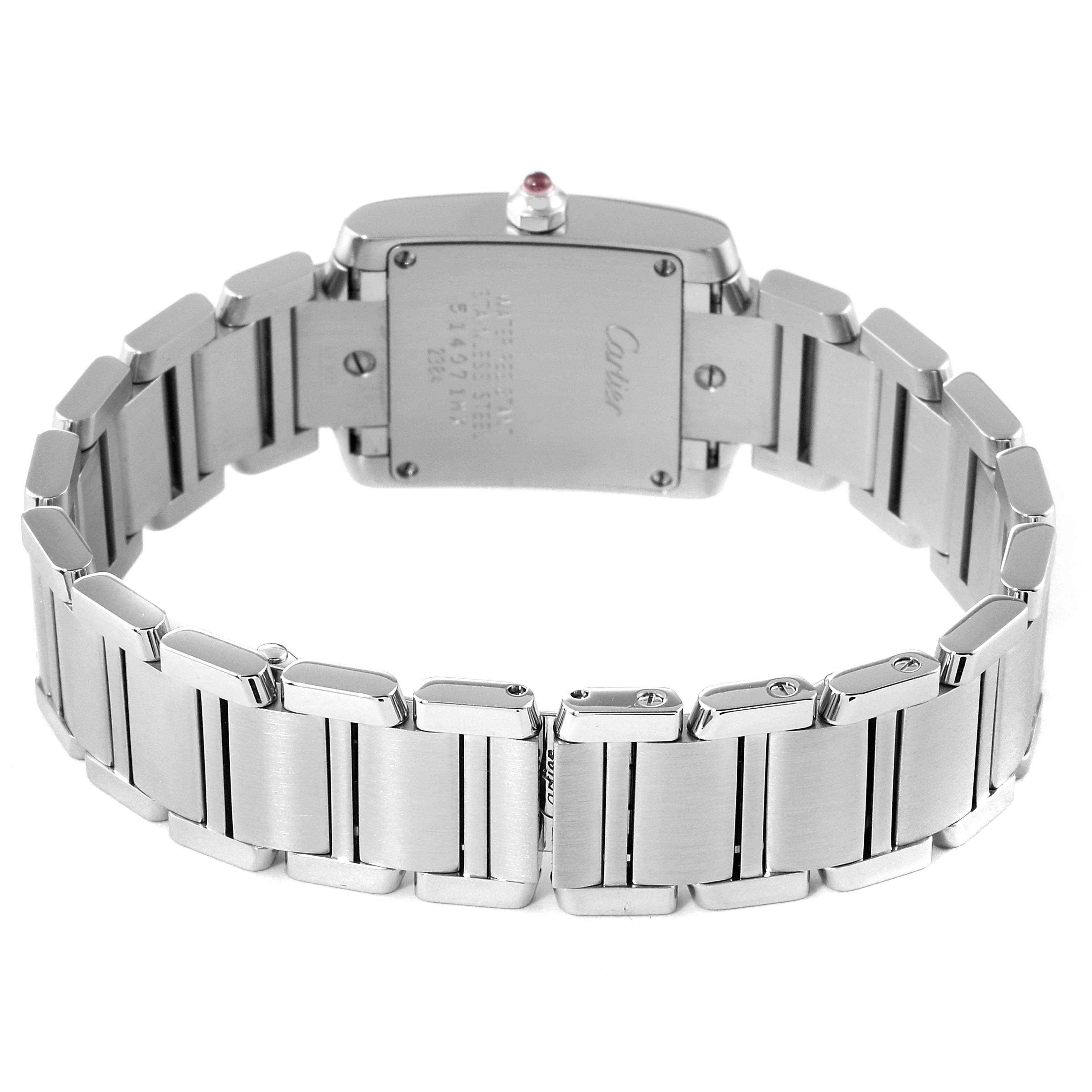 This image shows the back view of a Cartier Tank Francaise W51028Q3 Women
s Stainless Steel Mother of Pearl Dial W51028Q3 Women
s Stainless Steel Mother of Pearl Dial watch, highlighting the clasp and stainless steel bracelet.