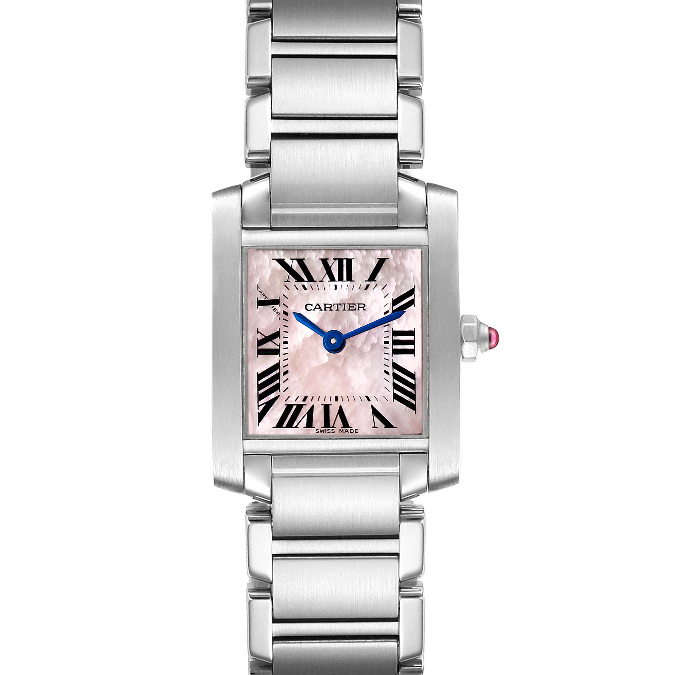 The image shows a Cartier Tank Française watch viewed from the front, displaying its rectangular face, Roman numerals, blue hands, and metal bracelet.