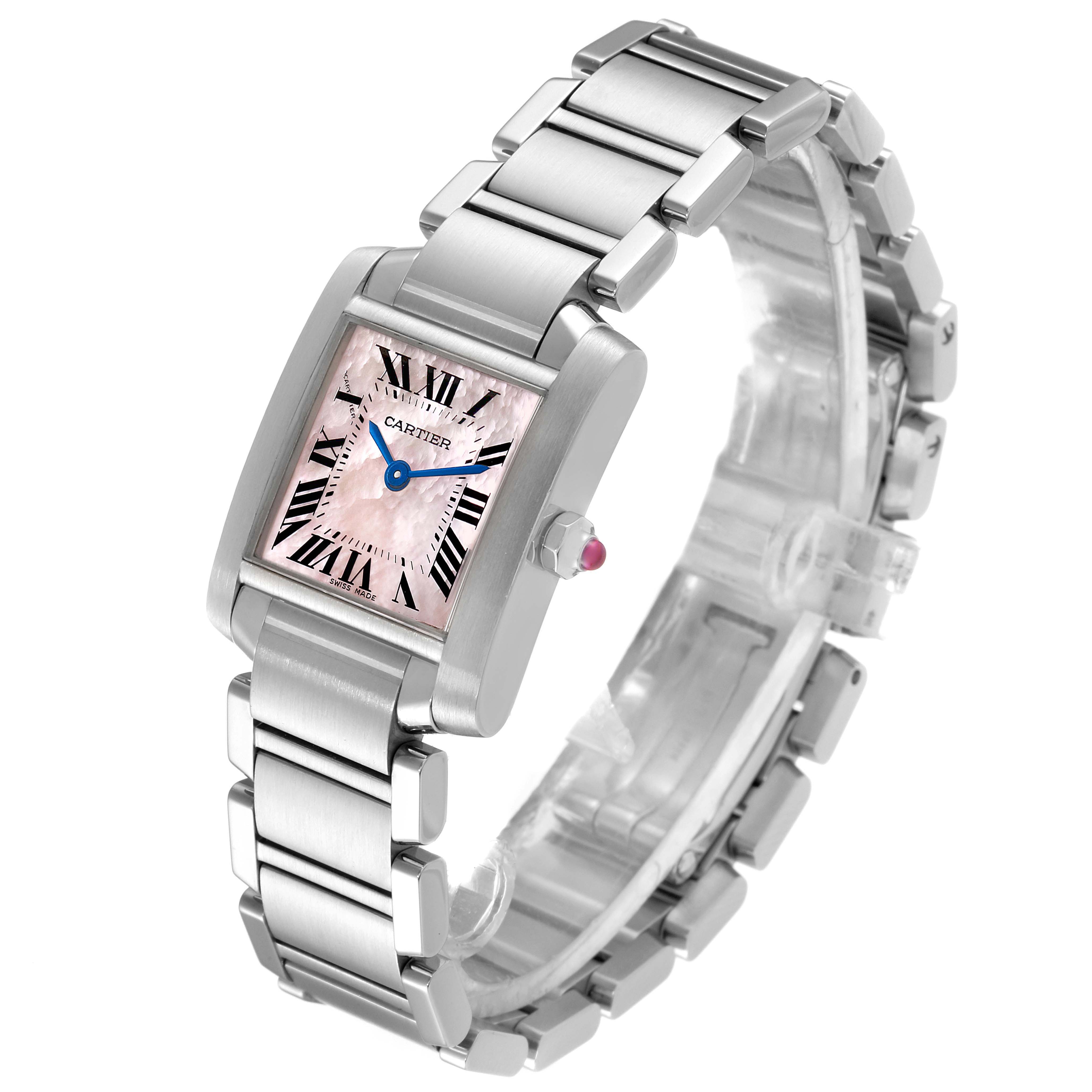 This image shows a Cartier Tank Francaise W51028Q3 Women
s Stainless Steel Mother of Pearl Dial W51028Q3 Women
s Stainless Steel Mother of Pearl Dial watch angled to display its face, band, and side crown.
