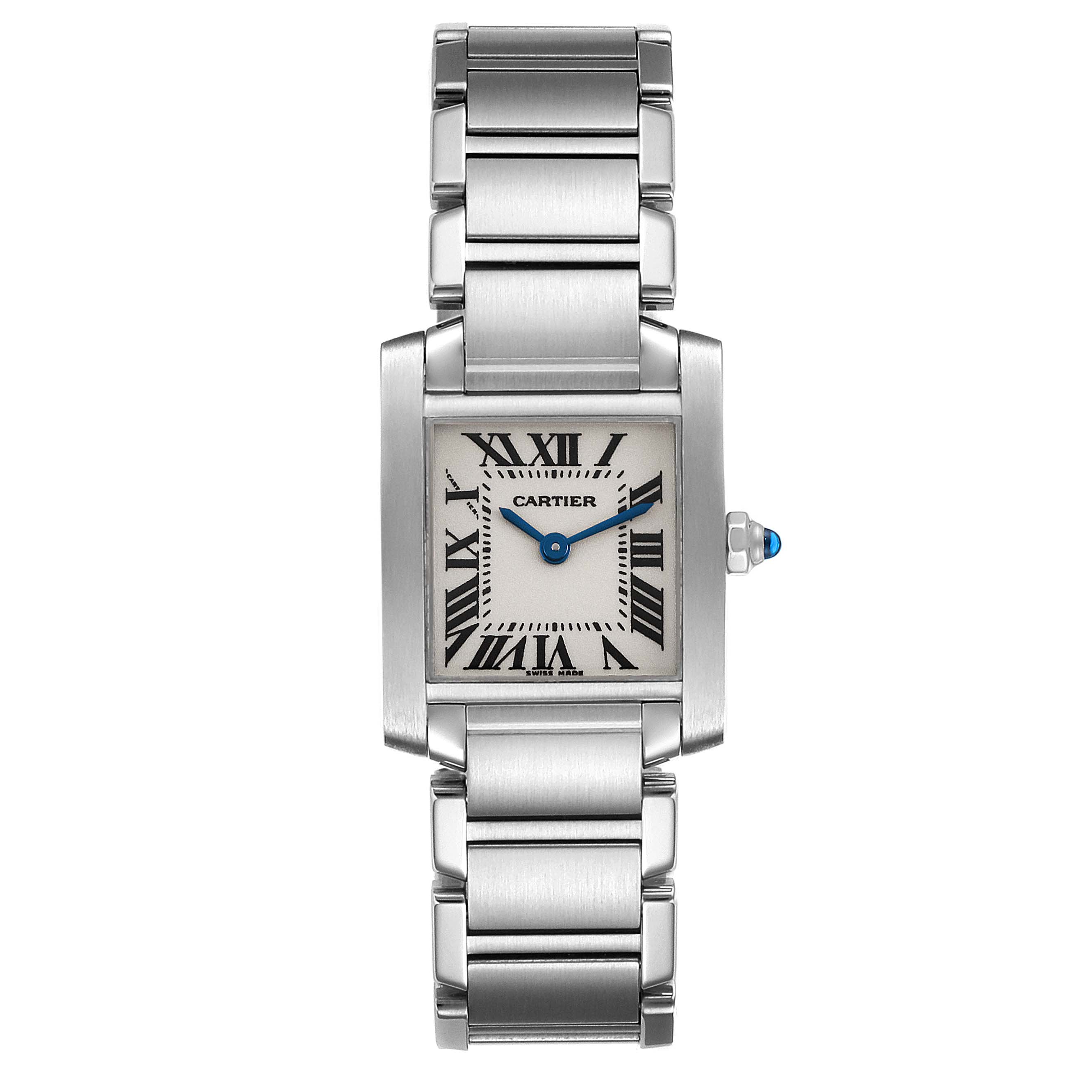 The image shows a front view of the Cartier Tank Francaise W51008Q3 Women
s Stainless Steel Silver Dial W51008Q3 Women
s Stainless Steel Silver Dial watch including its bracelet and face with Roman numerals.