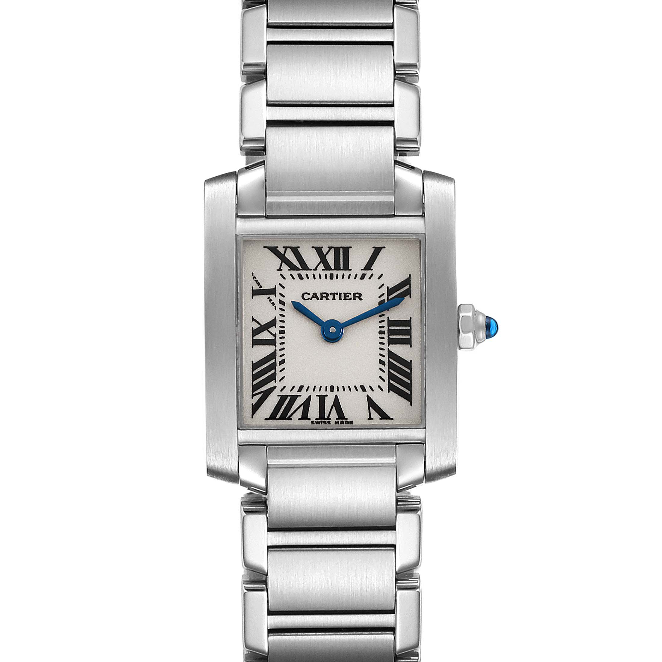 The image shows a full frontal view of the Cartier Tank Française watch, highlighting its dial, bracelet, and crown.