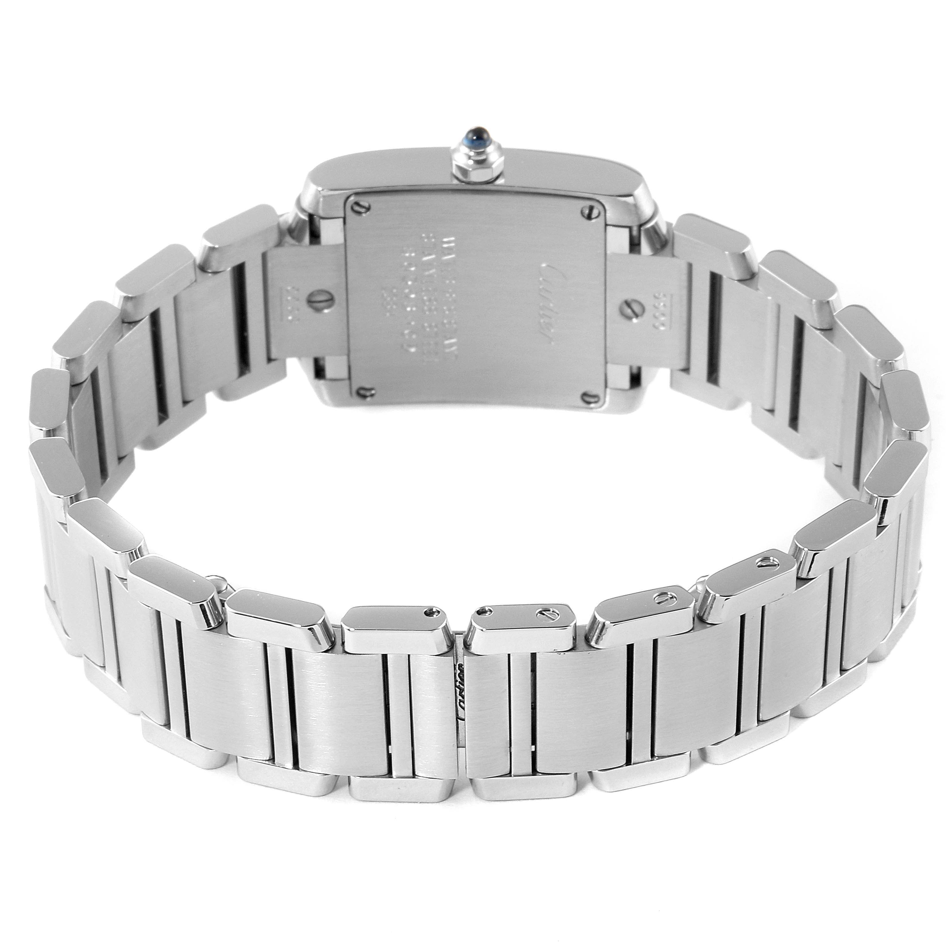 This image shows the back view of a Cartier Tank Francaise W51008Q3 Women
s Stainless Steel Silver Dial W51008Q3 Women
s Stainless Steel Silver Dial watch, highlighting the bracelet and caseback.