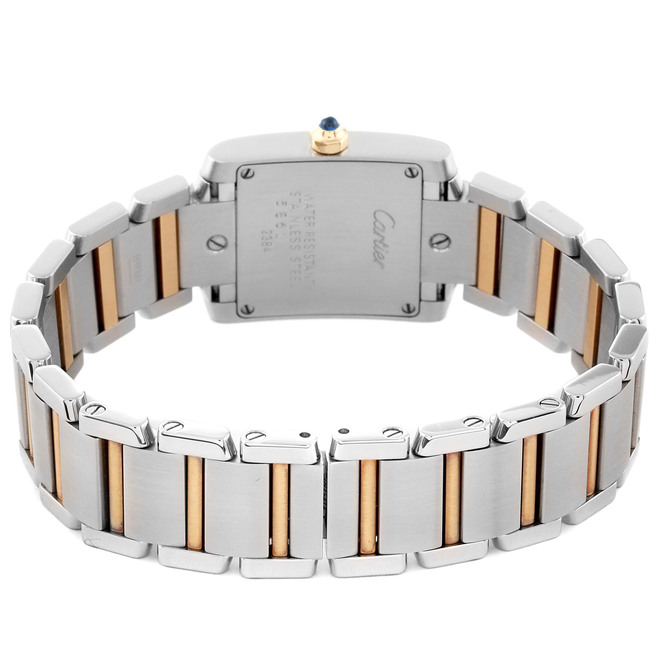 This image shows the back and bracelet of a Cartier Tank Française watch, highlighting the stainless steel and gold-tone links.