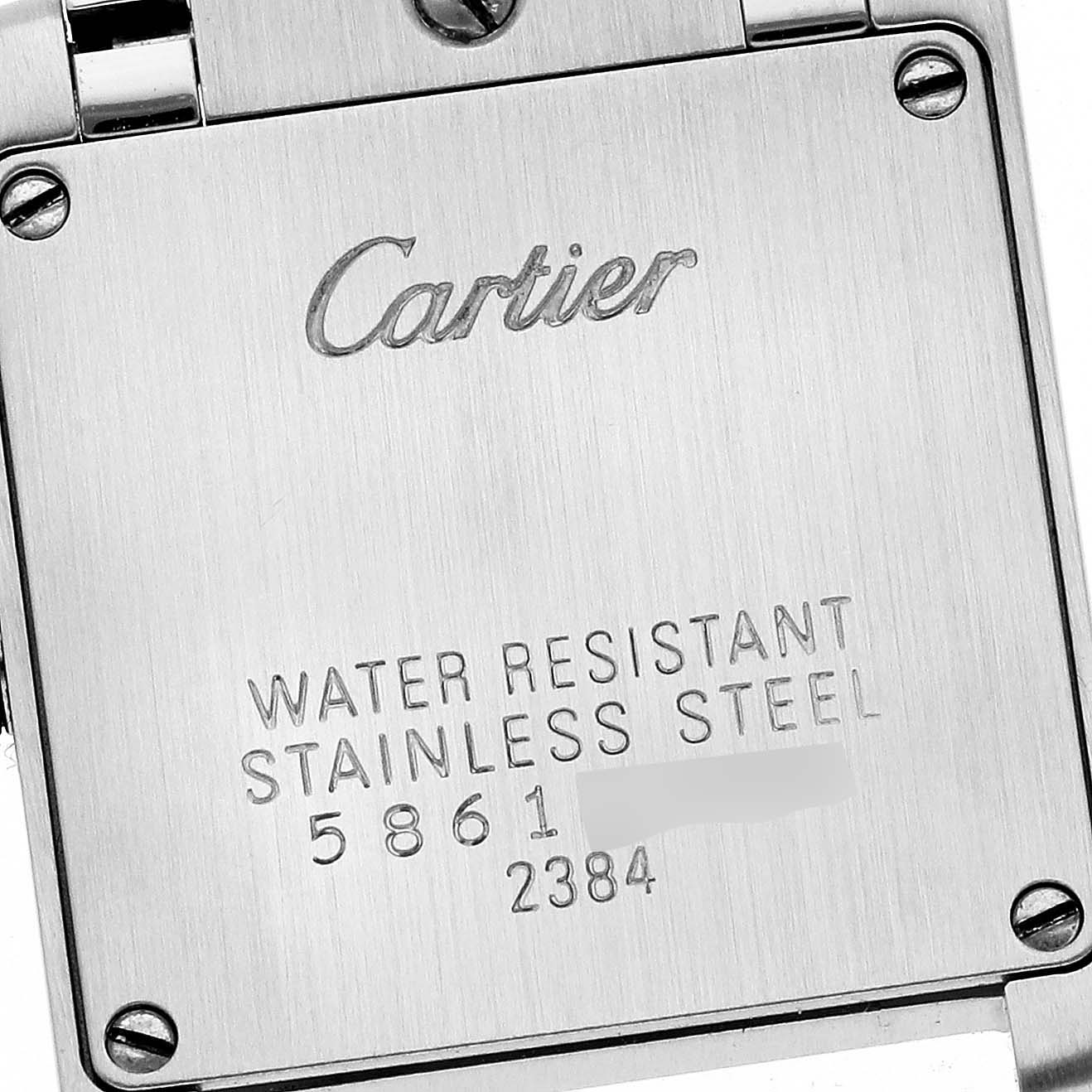 This image shows the back case of a Cartier Tank Francaise W51007Q4 Women's Steel and Gold (two tone) Silver Dial W51007Q4 Women's Steel and Gold (two tone) Silver Dial watch, highlighting the engraved brand name and water resistance details.