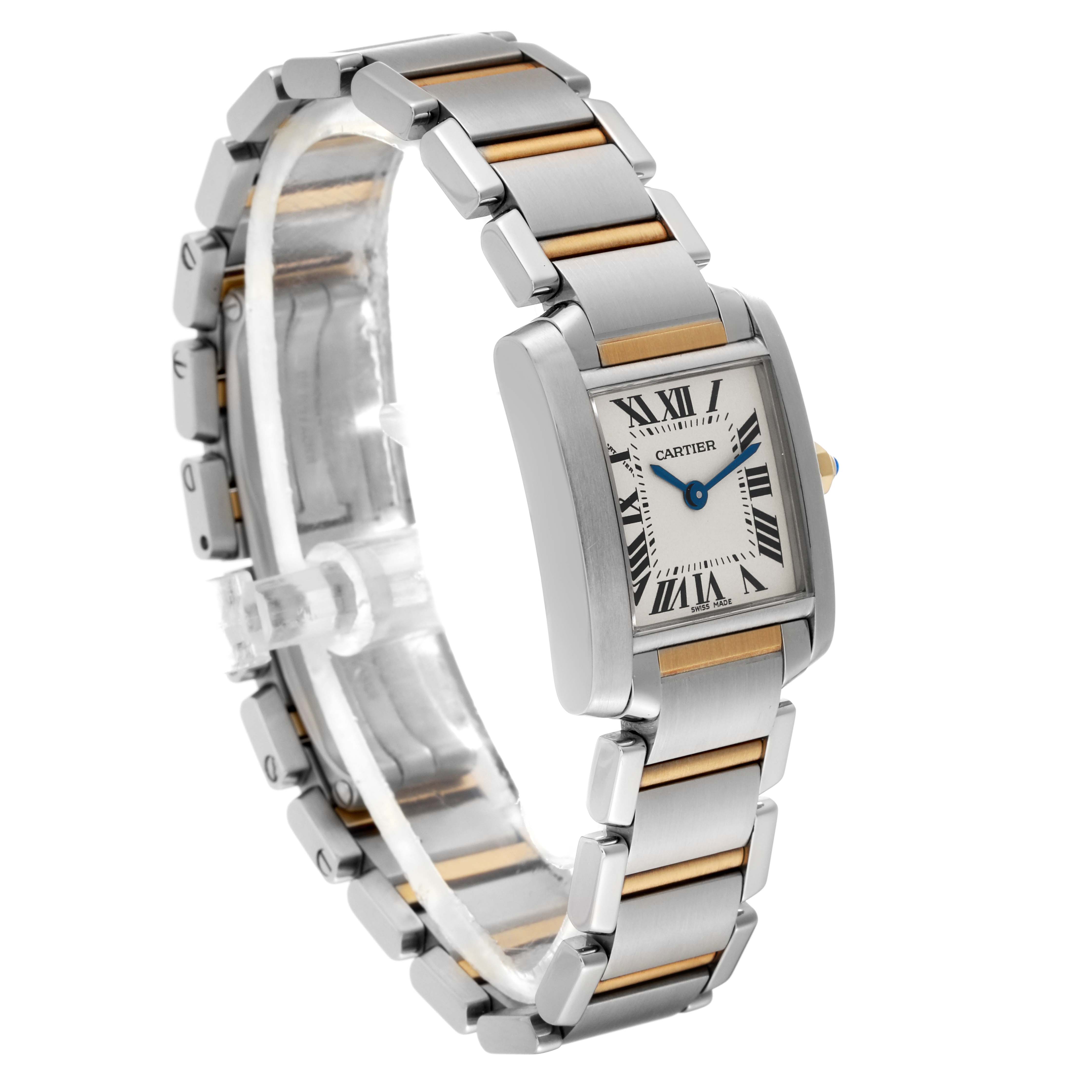 The Cartier Tank Française watch is shown at a slight angle, capturing its face, case, bezel, and bracelet.