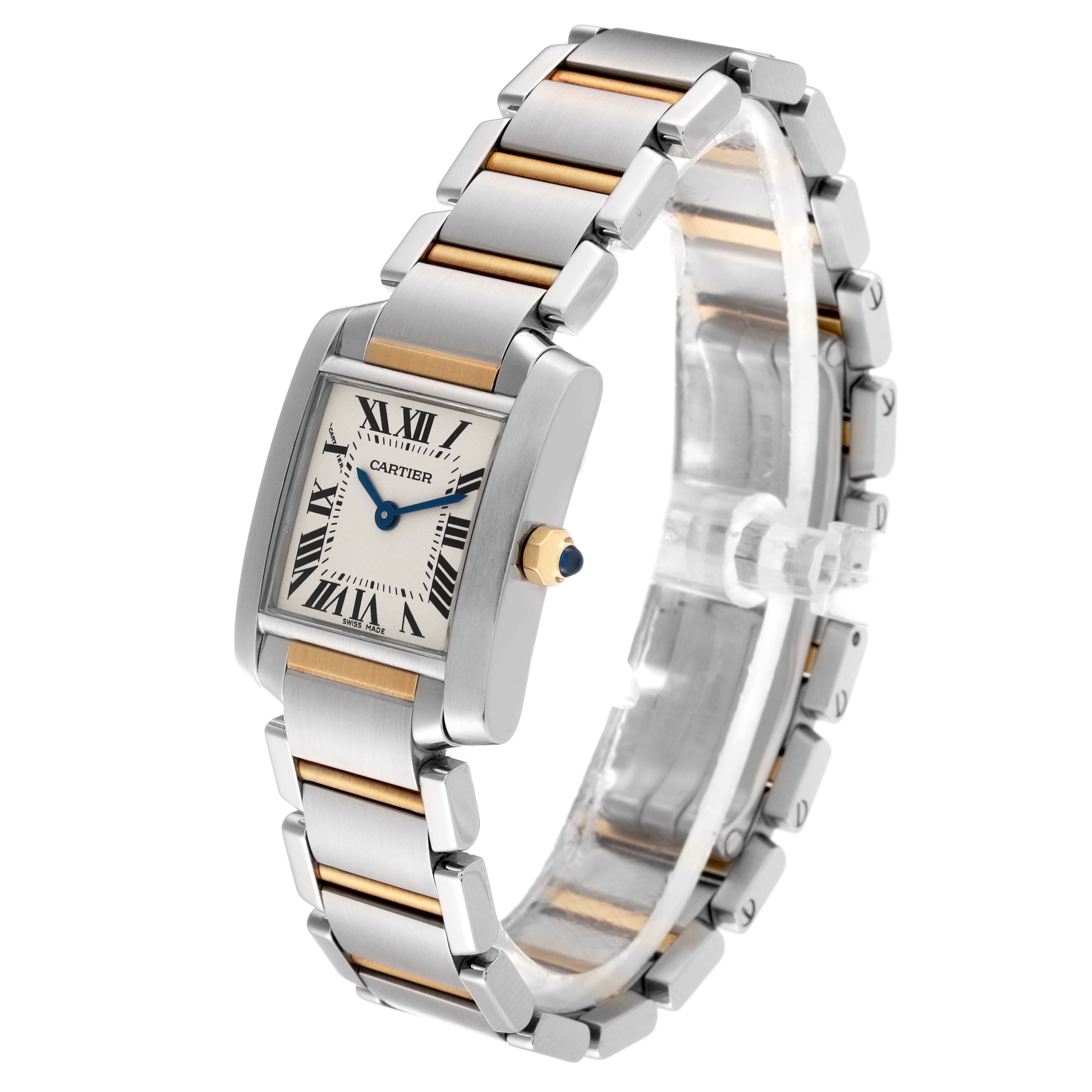 This image shows a Cartier Tank Francaise W51007Q4 Women's Steel and Gold (two tone) Silver Dial W51007Q4 Women's Steel and Gold (two tone) Silver Dial watch from an angled front view, highlighting the face, case, and two-tone bracelet.