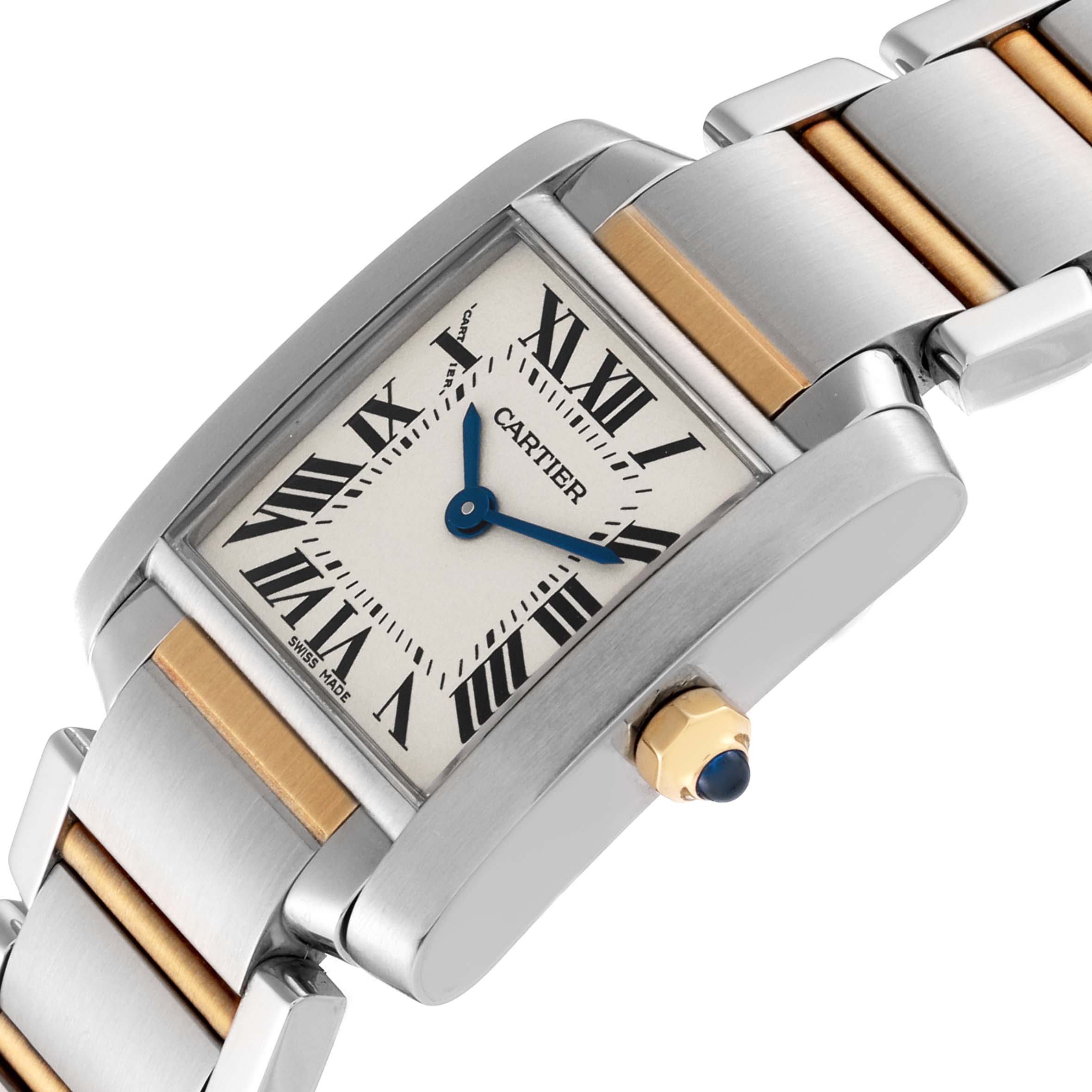 The image shows a Cartier Tank Francaise W51007Q4 Women's Steel and Gold (two tone) Silver Dial W51007Q4 Women's Steel and Gold (two tone) Silver Dial watch at an angled view, highlighting the dial, hands, bracelet, and crown.