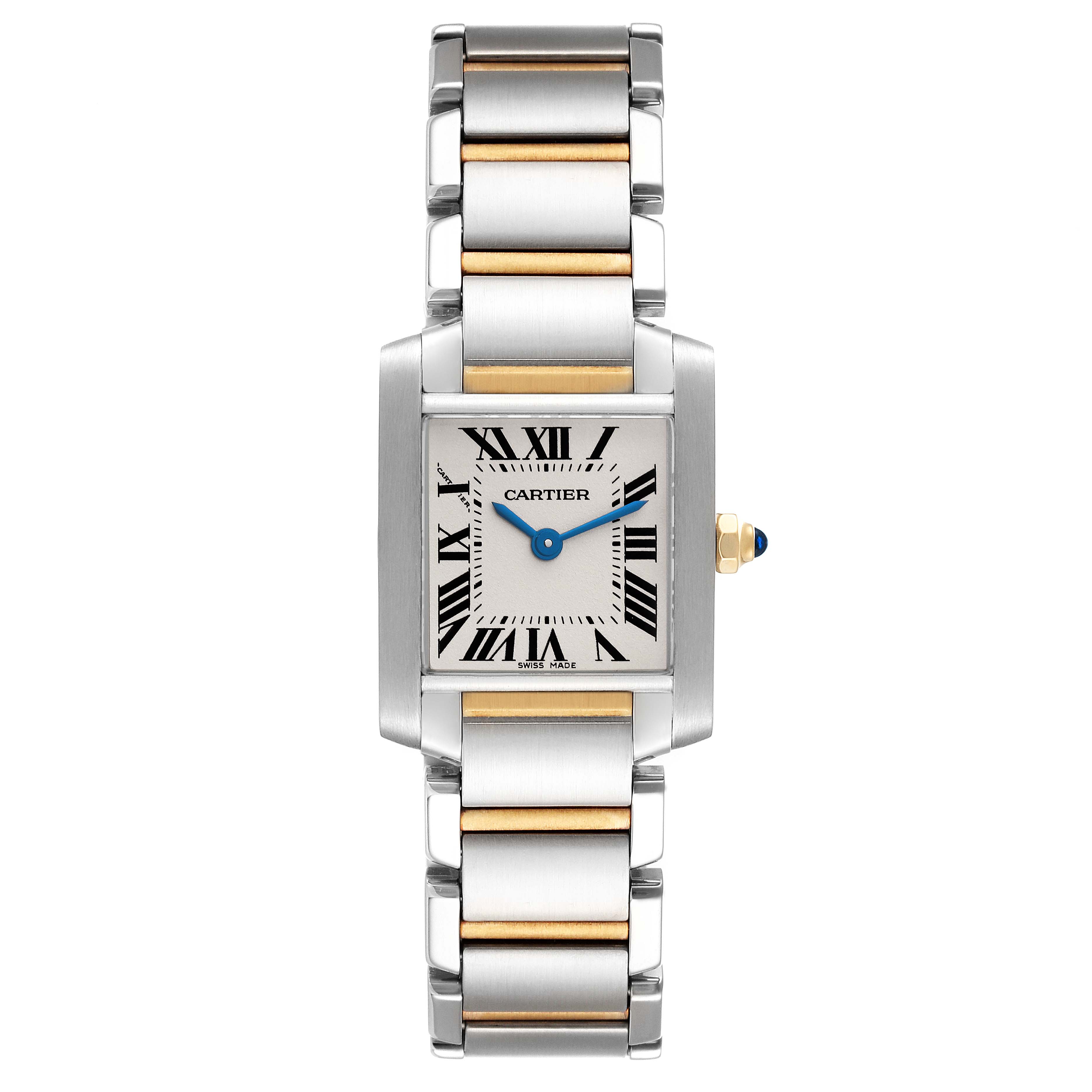 The image shows a Cartier Tank Francaise W51007Q4 Women's Steel and Gold (two tone) Silver Dial W51007Q4 Women's Steel and Gold (two tone) Silver Dial watch taken from a front view, displaying its face and entire bracelet.