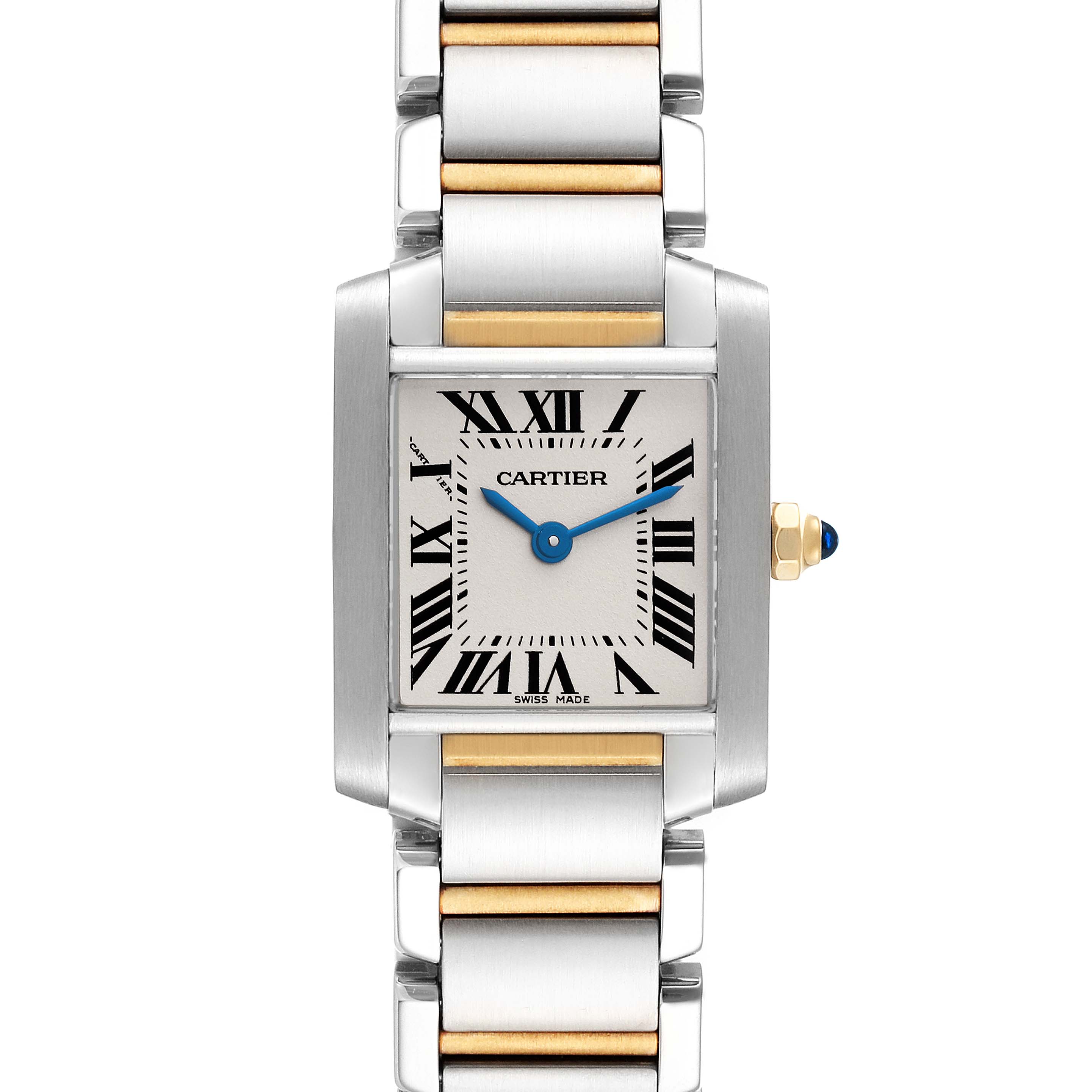 The image shows a front view of the Cartier Tank Francaise W51007Q4 Women's Steel and Gold (two tone) Silver Dial W51007Q4 Women's Steel and Gold (two tone) Silver Dial watch, highlighting its rectangular face and two-tone bracelet.