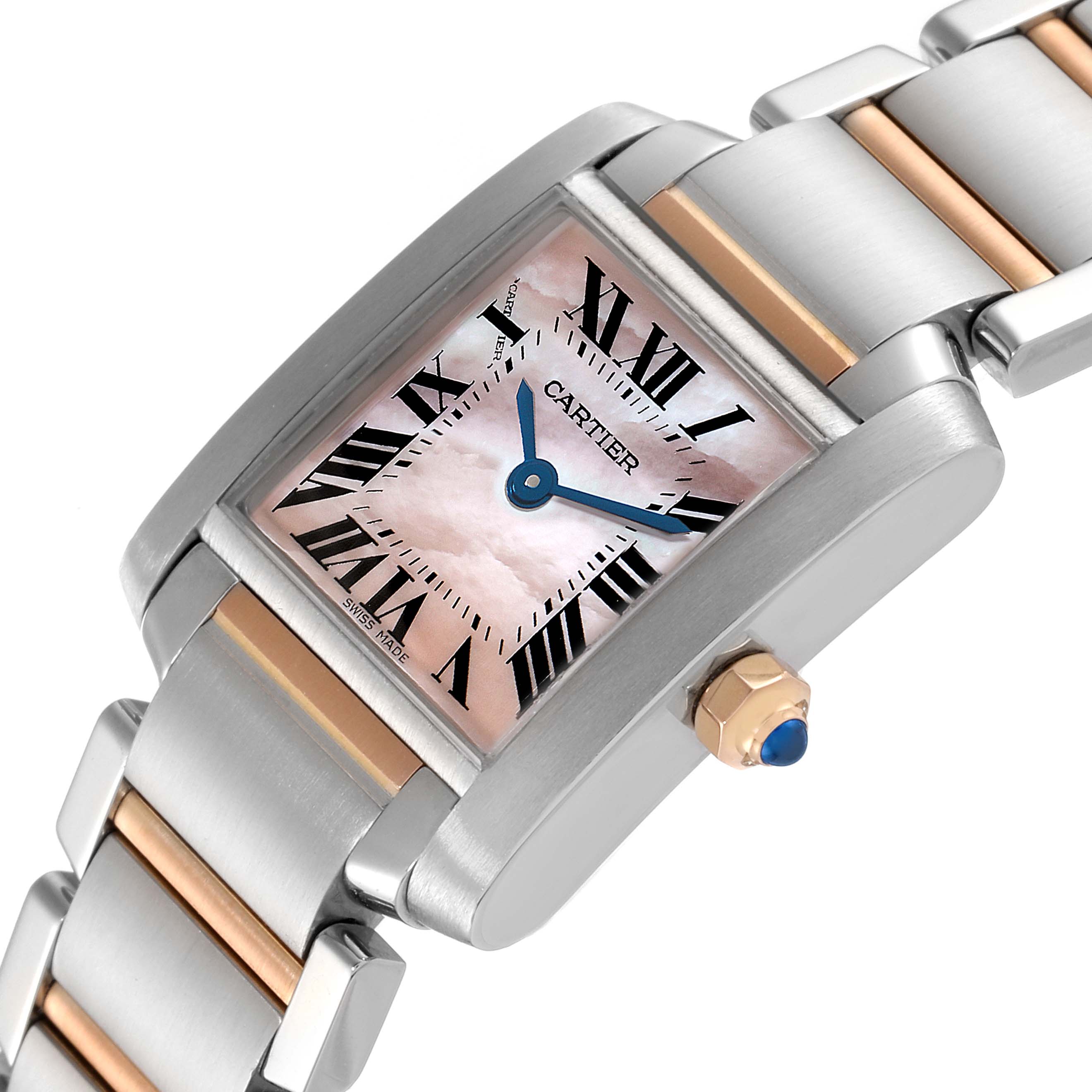 This image shows a Cartier Tank Francaise W51027Q4 Women
s Steel and Gold (two tone) Mother of Pearl Dial W51027Q4 Women
s Steel and Gold (two tone) Mother of Pearl Dial watch viewed from an angled close-up, highlighting the dial, bracelet, and crown.