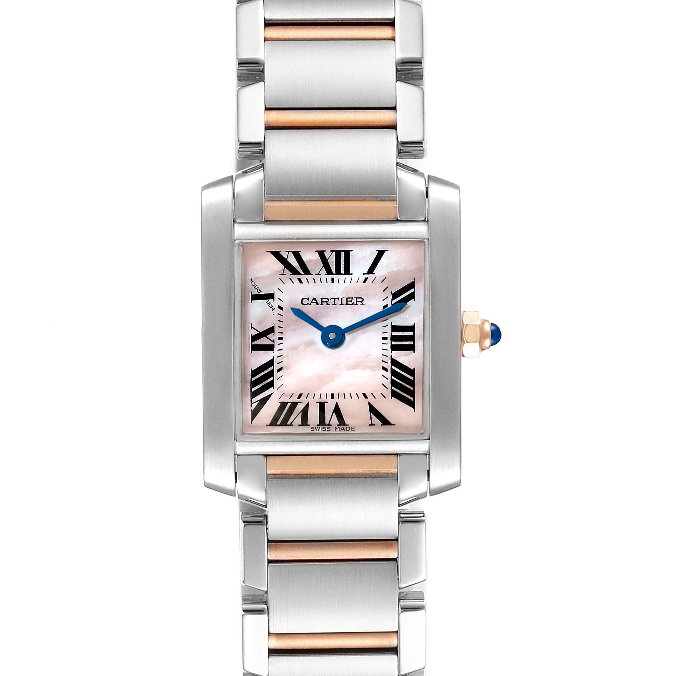 This Cartier Tank Française watch is shown from the front, displaying the dial, bracelet, and crown.