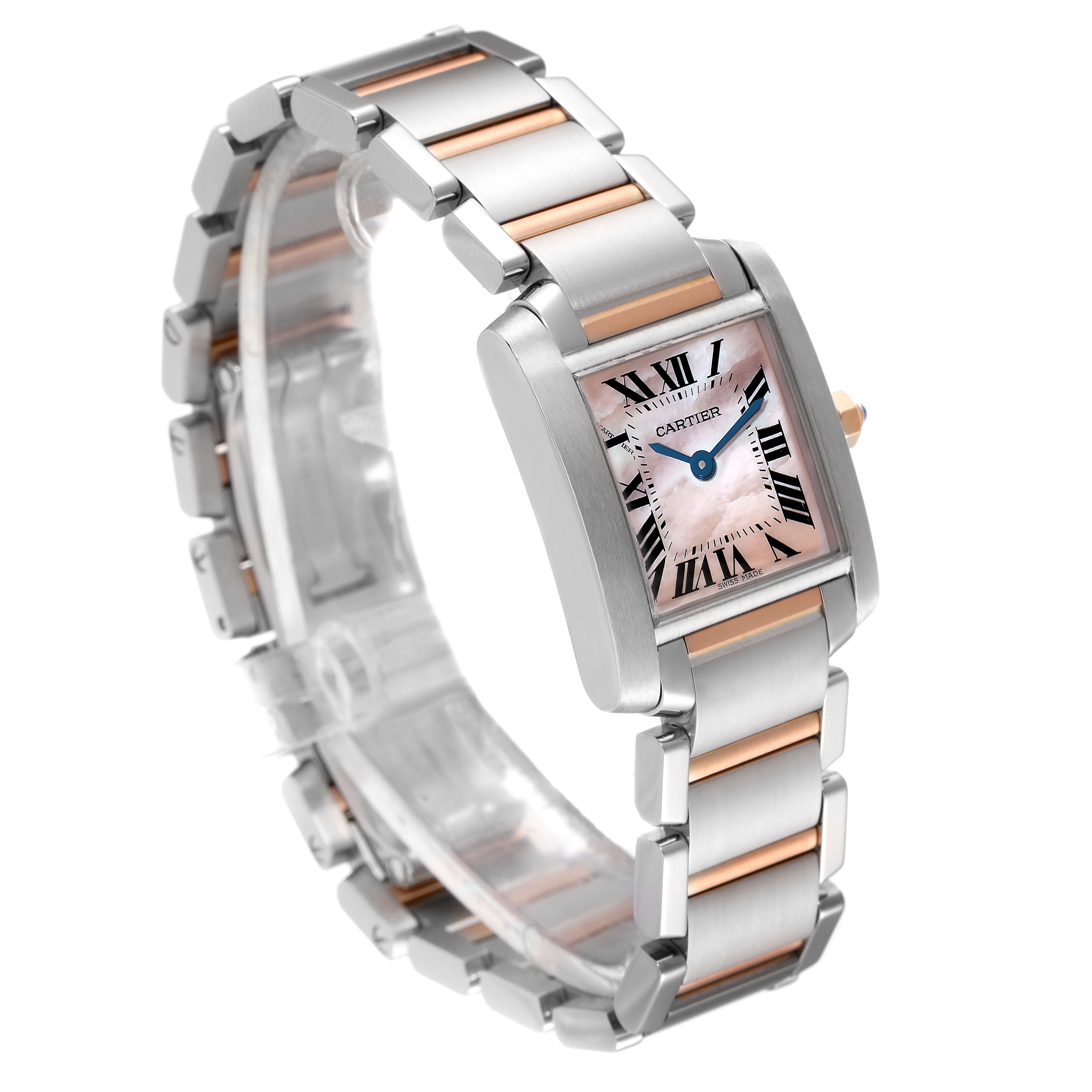 The Cartier Tank Francaise W51027Q4 Women
s Steel and Gold (two tone) Mother of Pearl Dial W51027Q4 Women
s Steel and Gold (two tone) Mother of Pearl Dial watch is shown at a 3/4 angle, featuring the face, bracelet, and clasp.