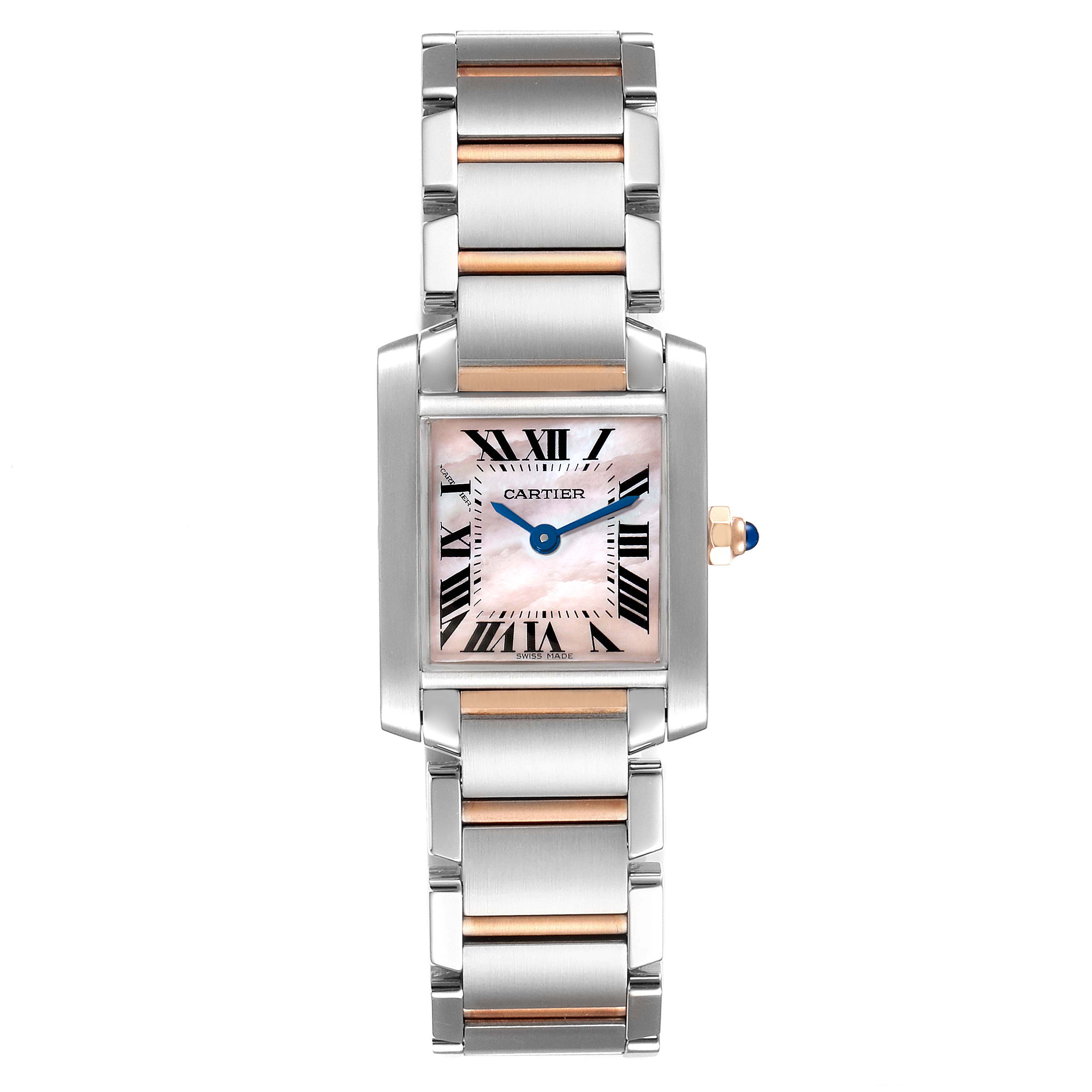 The Cartier Tank Francaise W51027Q4 Women
s Steel and Gold (two tone) Mother of Pearl Dial W51027Q4 Women
s Steel and Gold (two tone) Mother of Pearl Dial watch is shown from a top-down angle, displaying its face, bracelet, and crown.