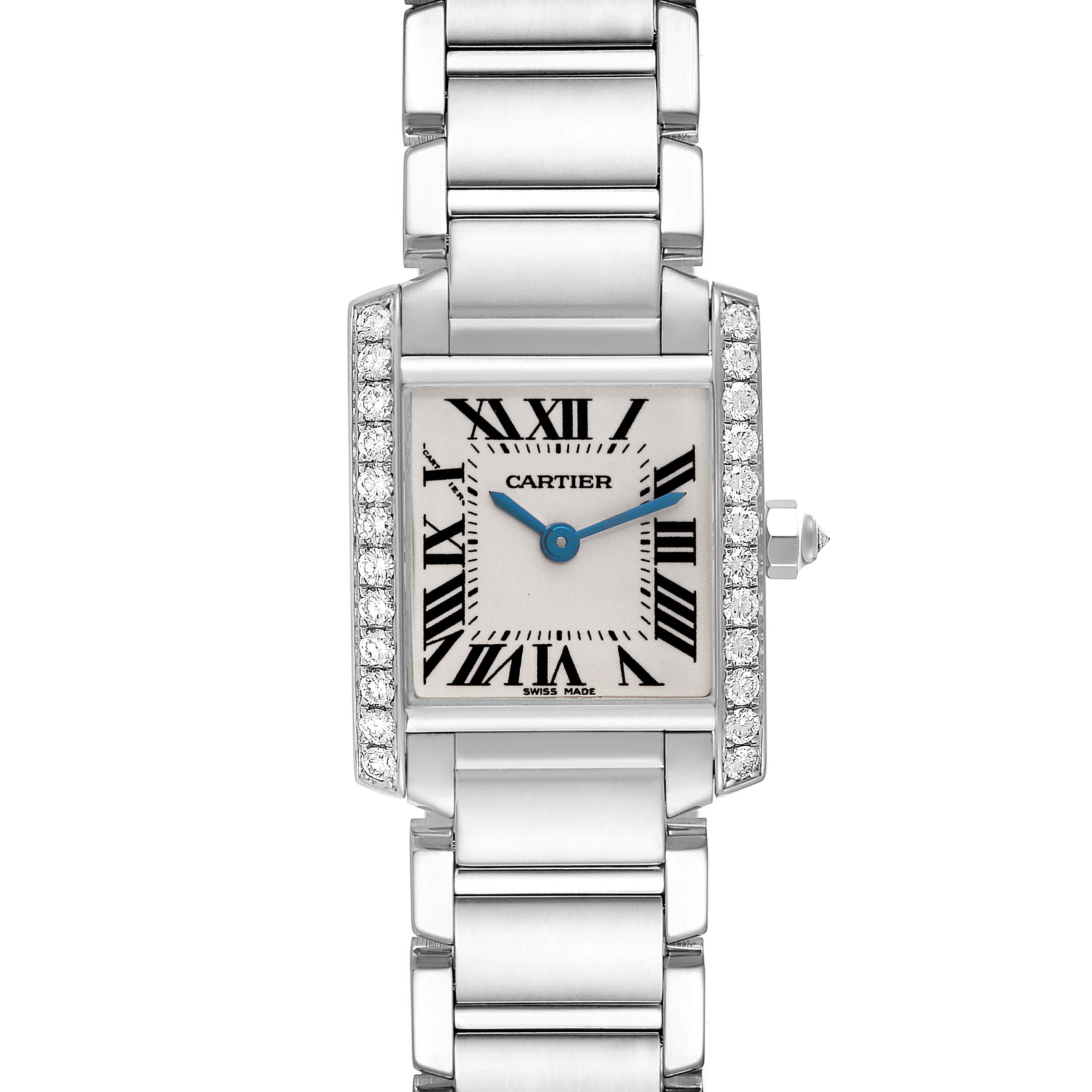 The image shows a front view of the Cartier Tank Francaise WE1002S3 Women's White Gold Silver Dial WE1002S3 Women's White Gold Silver Dial watch, highlighting its bracelet, rectangular face, Roman numerals, and jewel-set bezel.