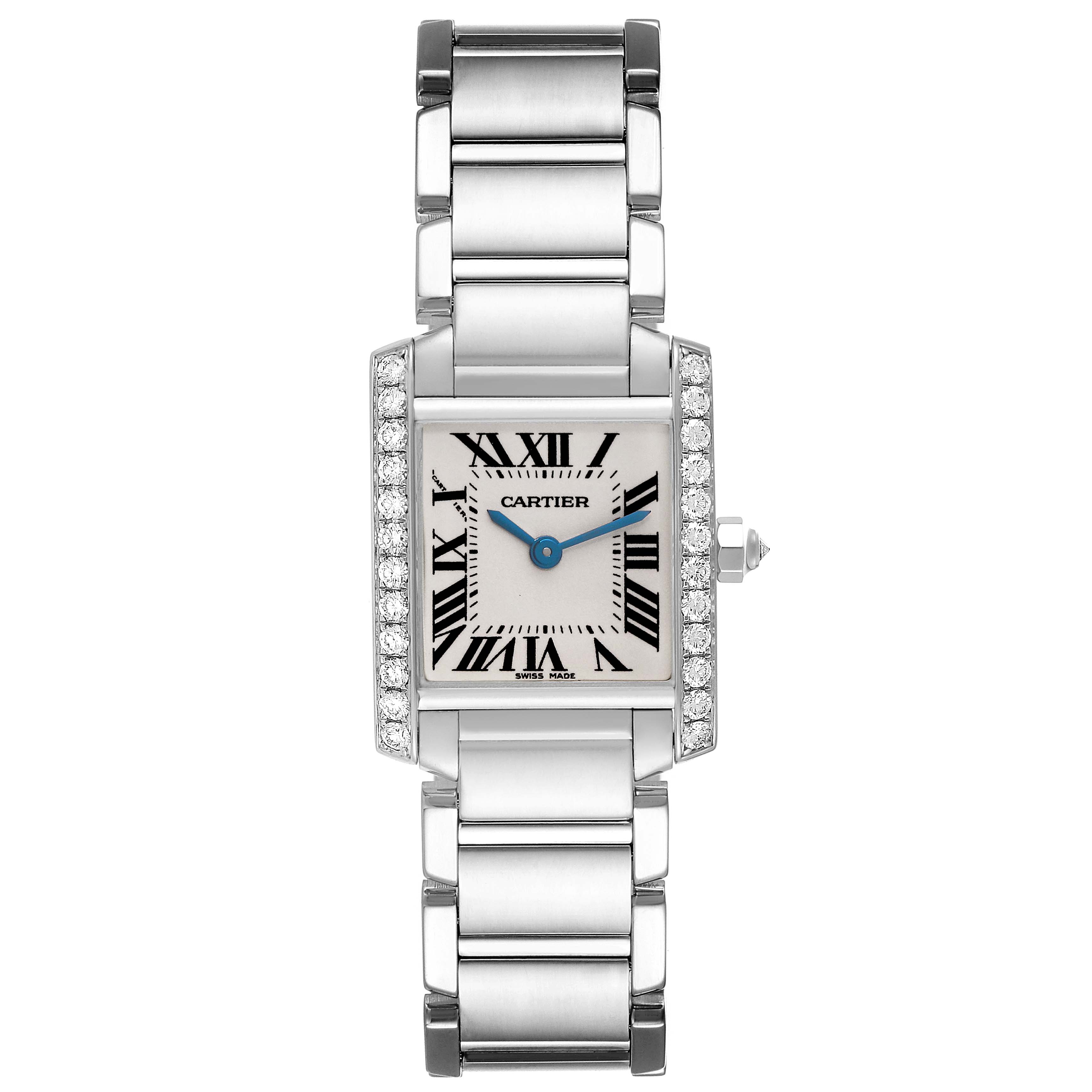 The Cartier Tank Francaise WE1002S3 Women's White Gold Silver Dial WE1002S3 Women's White Gold Silver Dial watch is shown from the front, displaying the face, bezel, and bracelet.