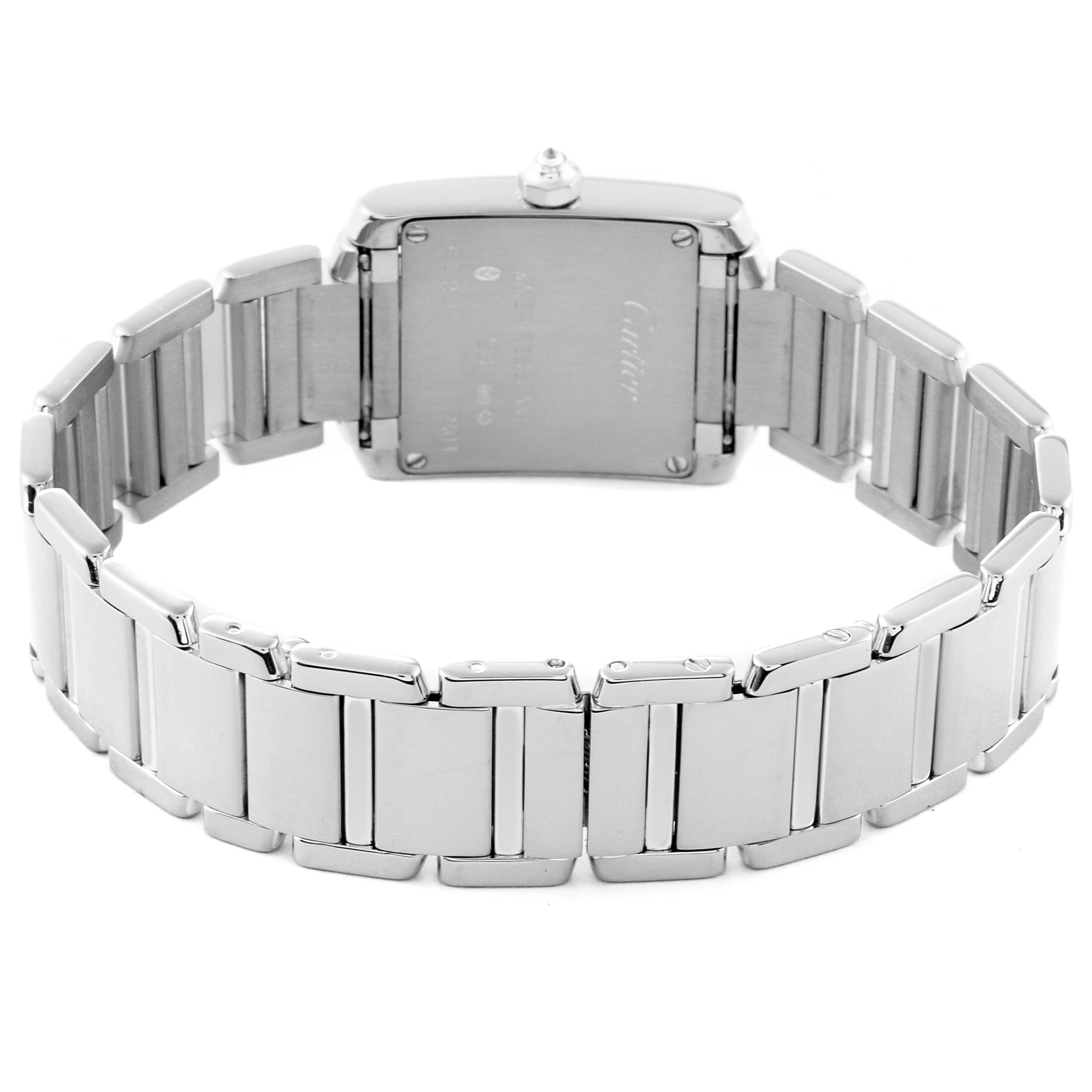 The image shows the back view of the Cartier Tank Francaise WE1002S3 Women's White Gold Silver Dial WE1002S3 Women's White Gold Silver Dial watch, focusing on its stainless steel case and bracelet.