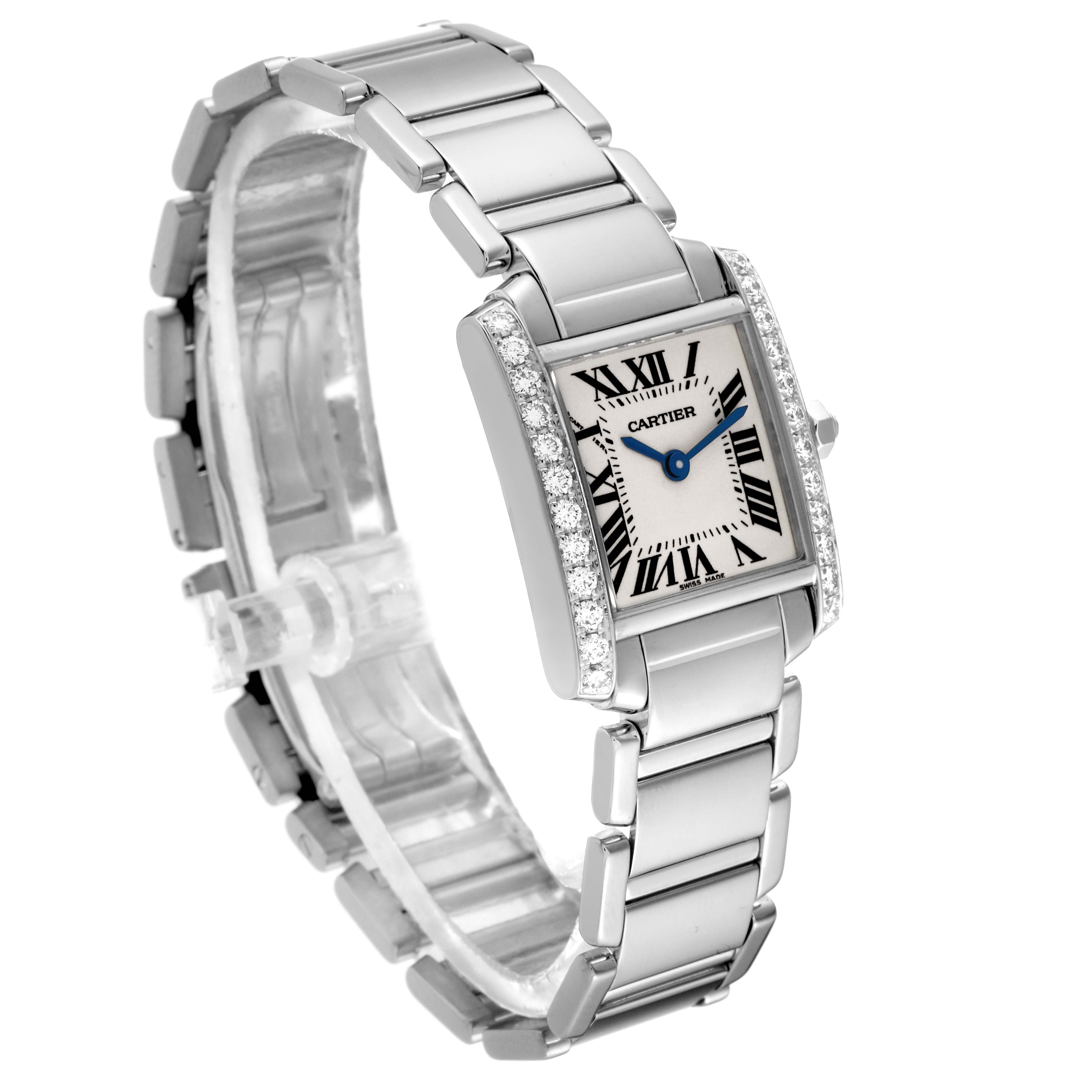 This Cartier Tank Francaise WE1002S3 Women's White Gold Silver Dial WE1002S3 Women's White Gold Silver Dial watch is shown from a front angle, highlighting its band, rectangular face, and Roman numeral dial.