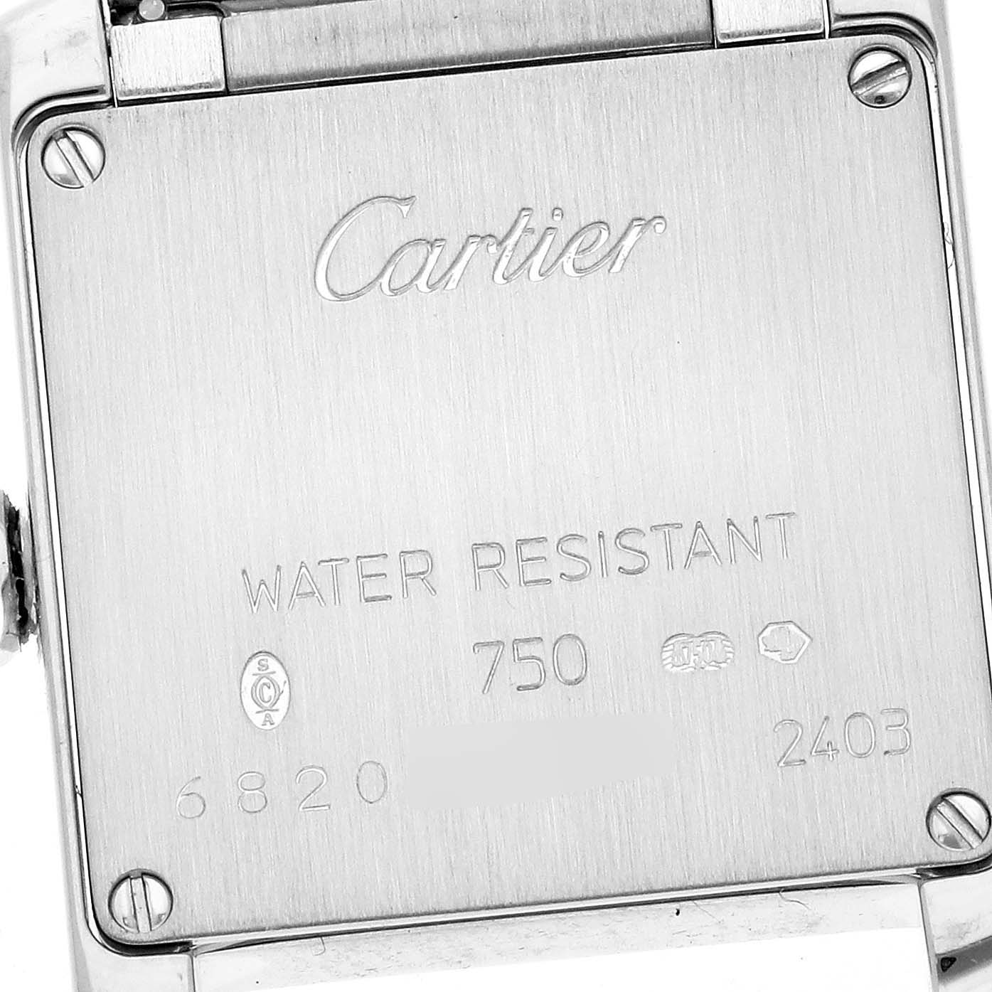 This image shows the back of a Cartier Tank Francaise WE1002S3 Women's White Gold Silver Dial WE1002S3 Women's White Gold Silver Dial watch, highlighting the water resistance and other engraved details.