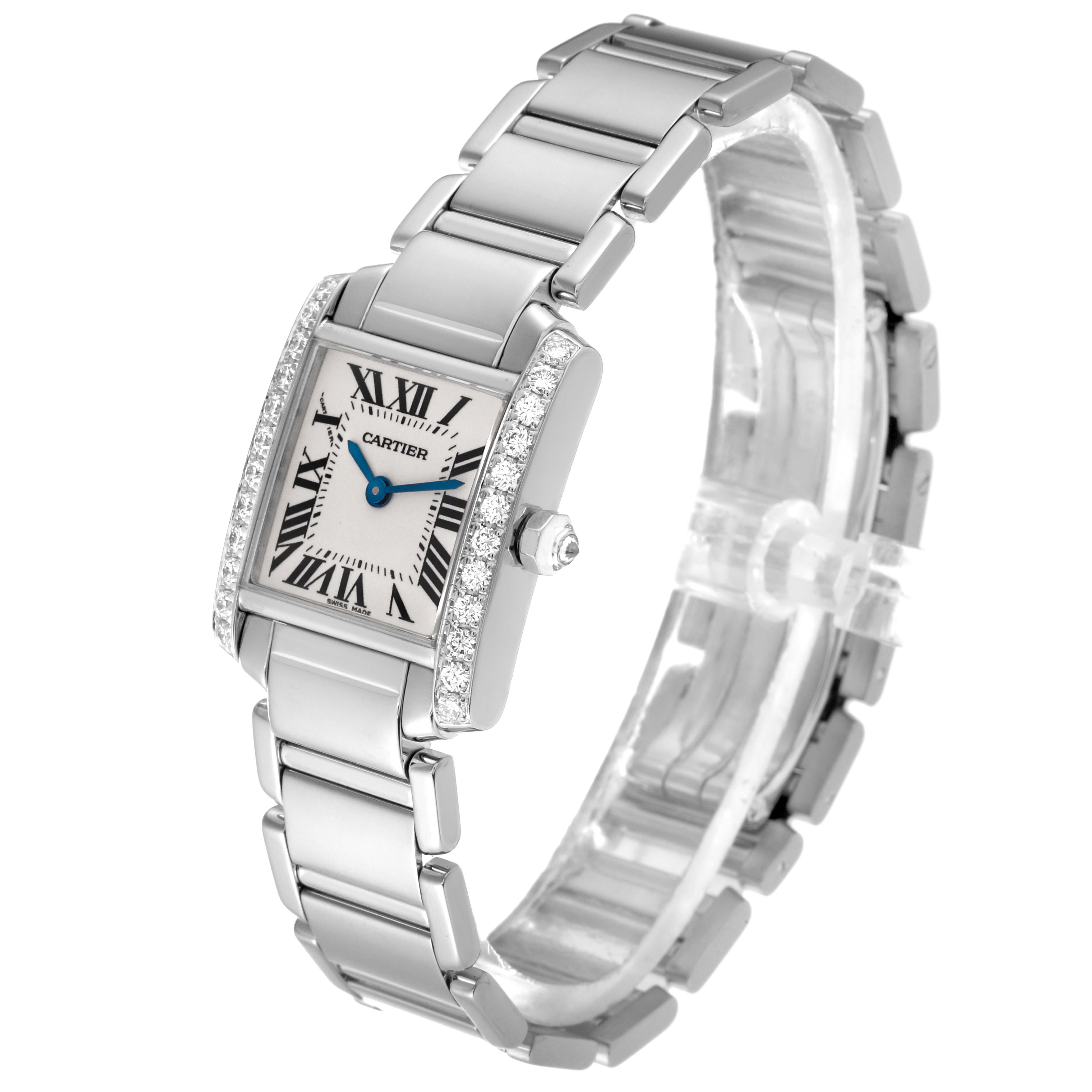 The image shows a Tank Francaise model by Cartier at an angled view, highlighting its bracelet, rectangular dial, and Roman numeral markers.