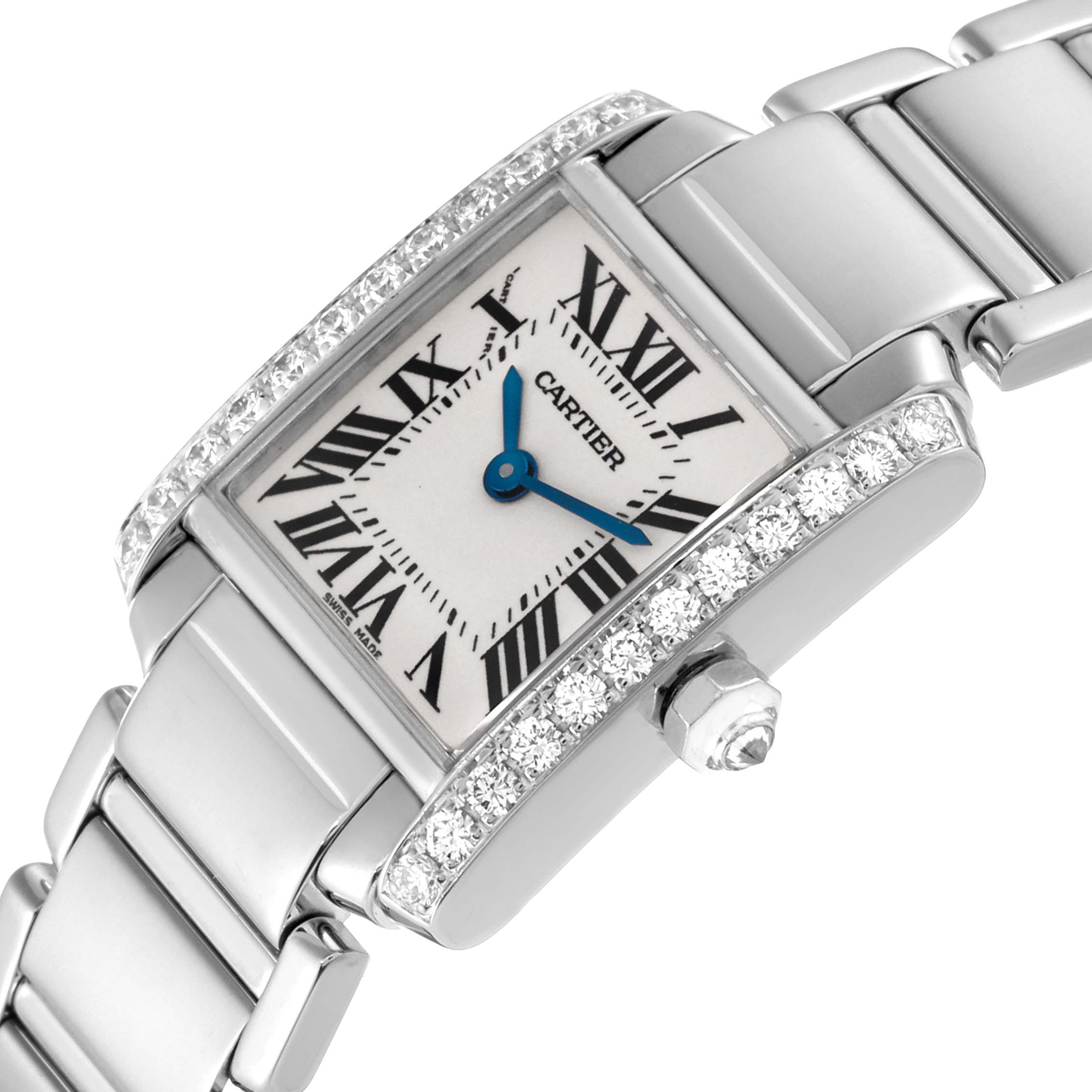 The image shows the Cartier Tank Française watch at an angle, highlighting the dial, bezel, and part of the metal bracelet.