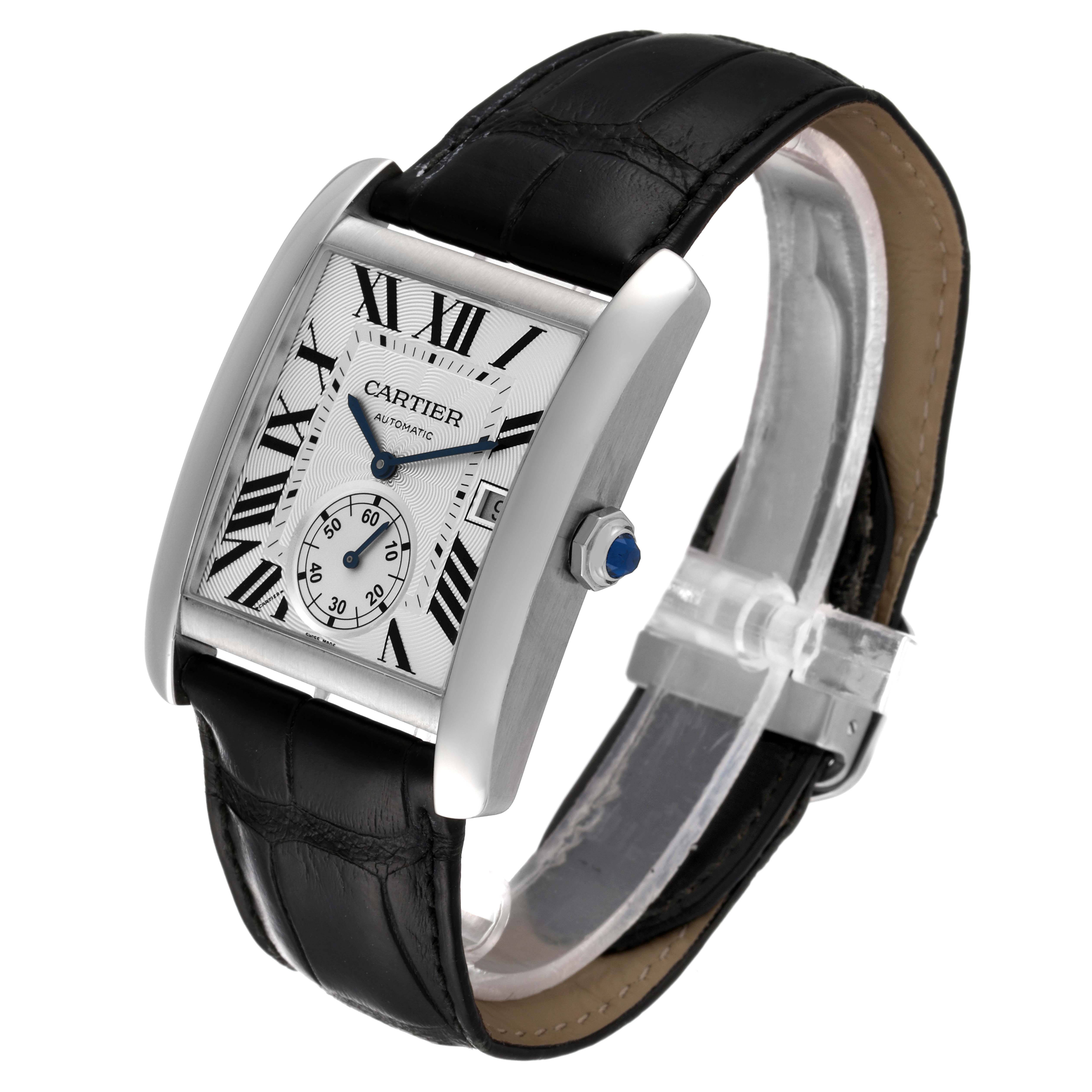The image shows a Cartier Tank MC W5330003 Men's Stainless Steel Silver Dial W5330003 Men's Stainless Steel Silver Dial watch at an oblique angle, highlighting the face, black leather strap, and crown with a blue gem.