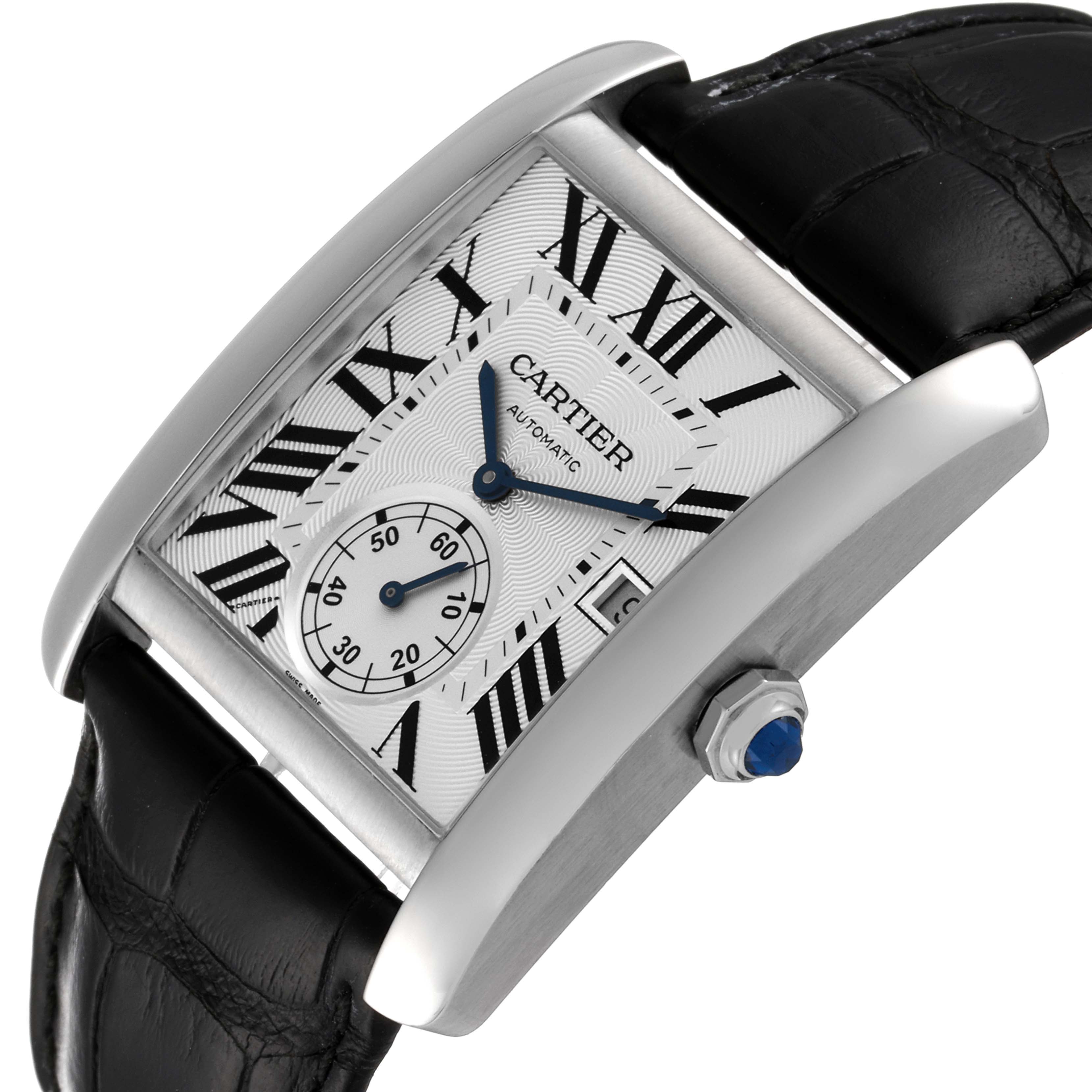 The image shows a Cartier Tank MC W5330003 Men's Stainless Steel Silver Dial W5330003 Men's Stainless Steel Silver Dial watch angled to display its face, crown, and black leather strap.