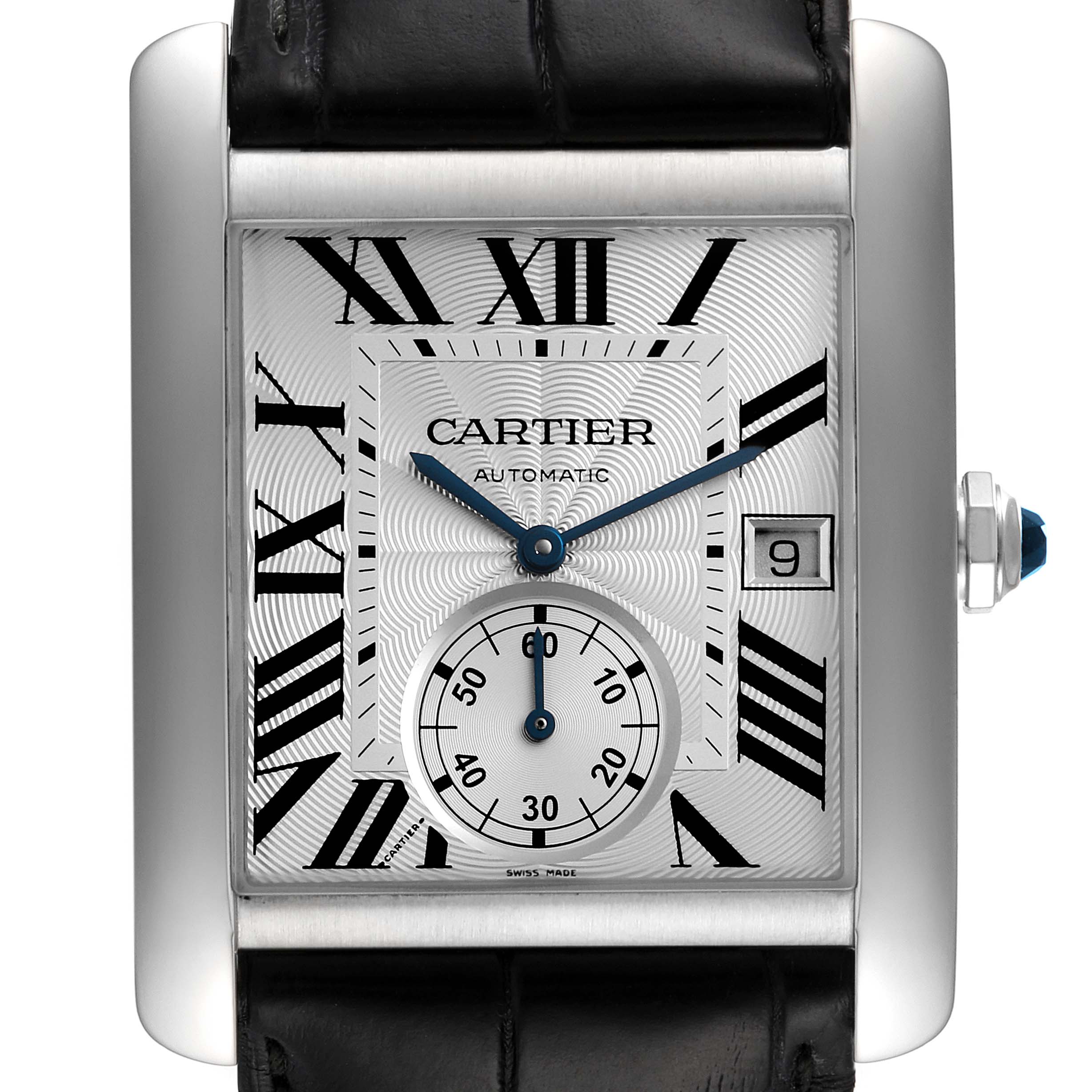 The Cartier Tank MC W5330003 Men's Stainless Steel Silver Dial W5330003 Men's Stainless Steel Silver Dial watch is shown from the front, displaying its rectangular face, Roman numerals, date window, and leather strap.