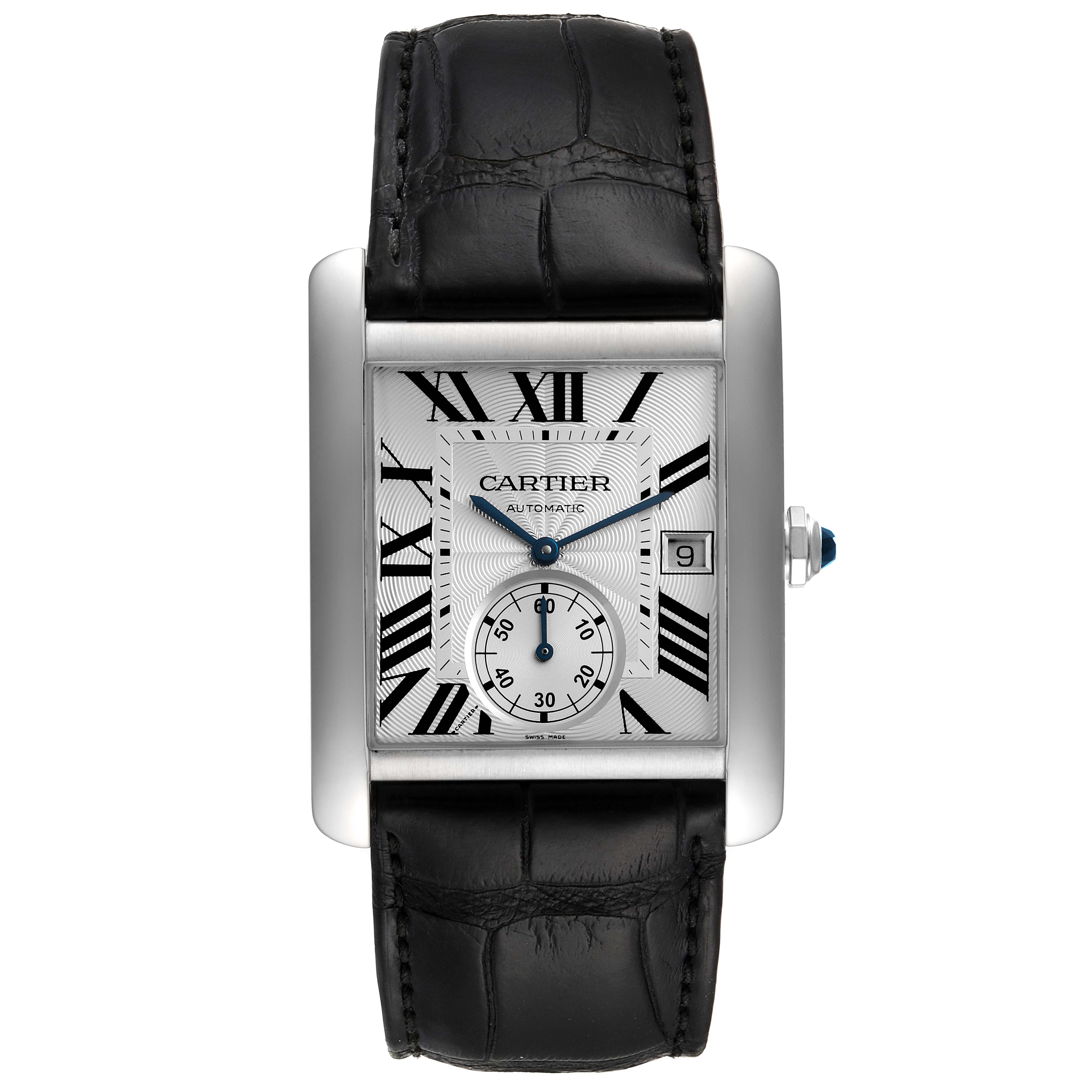 The image shows a Cartier Tank MC W5330003 Men's Stainless Steel Silver Dial W5330003 Men's Stainless Steel Silver Dial watch from a front view, highlighting its rectangular dial, Roman numerals, and black leather strap.