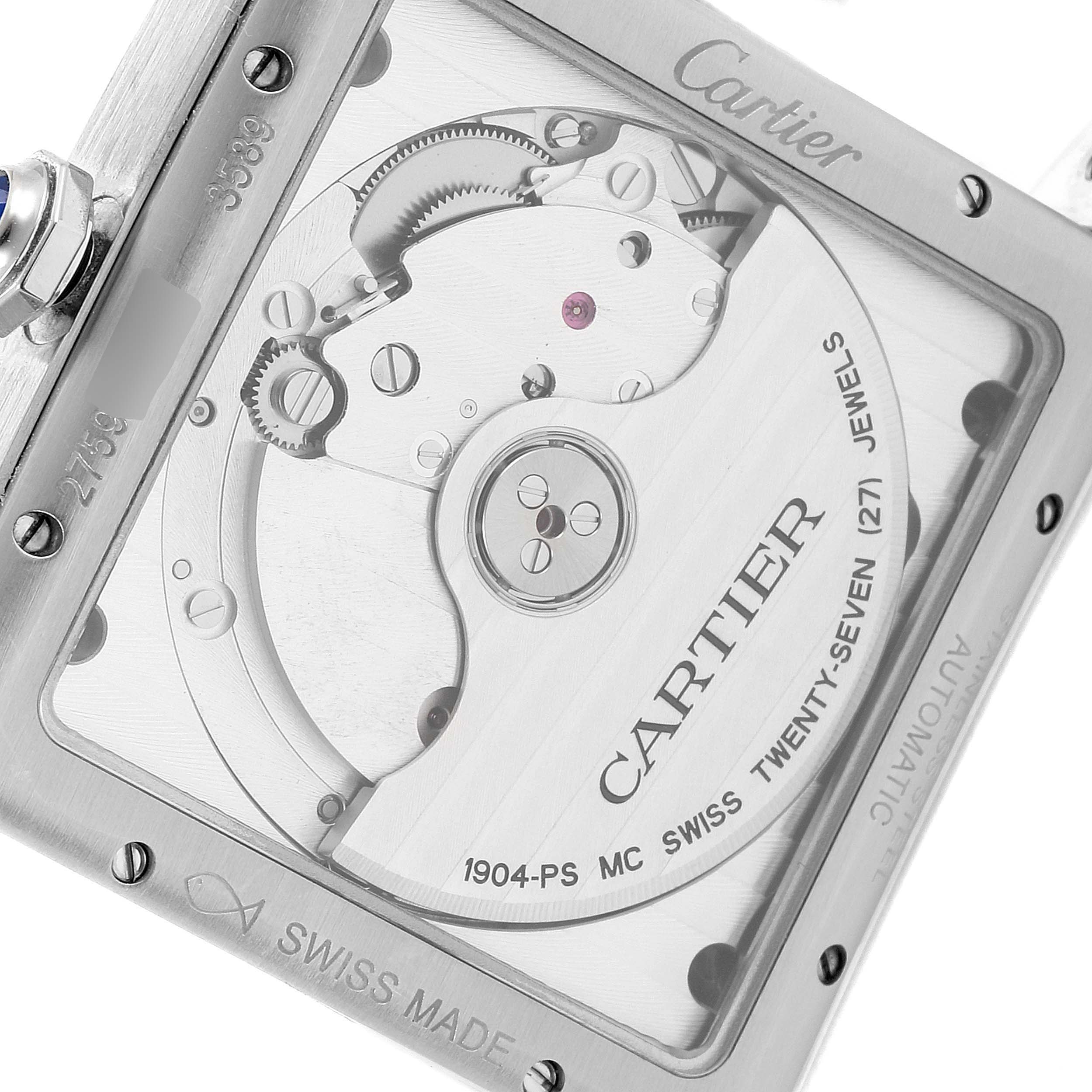 The image shows the back view of the Cartier Tank MC W5330003 Men's Stainless Steel Silver Dial W5330003 Men's Stainless Steel Silver Dial watch, highlighting its internal mechanism and rotor.