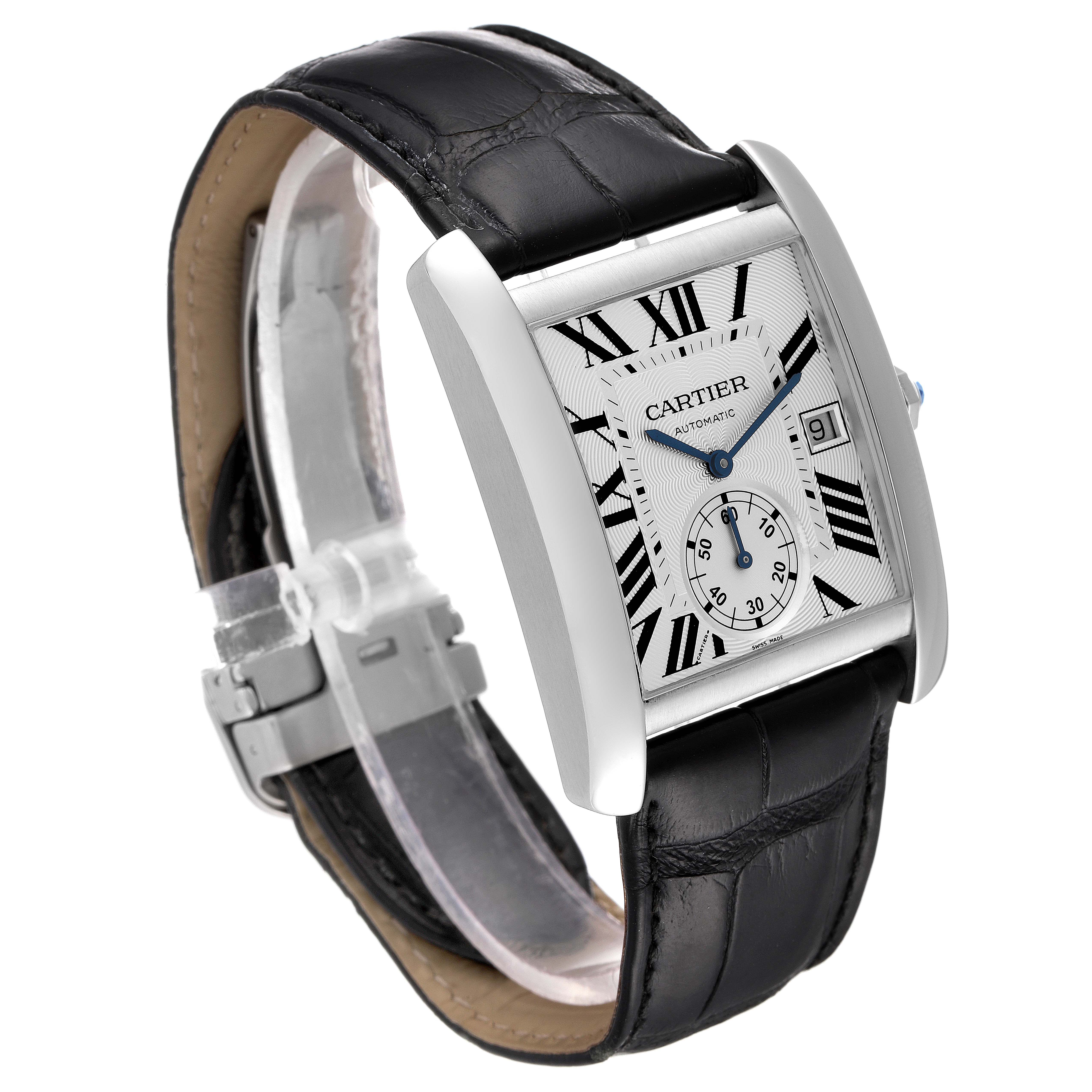 The image shows a Cartier Tank MC W5330003 Men's Stainless Steel Silver Dial W5330003 Men's Stainless Steel Silver Dial watch at a 3/4 angle, highlighting its face, leather strap, and clasp.