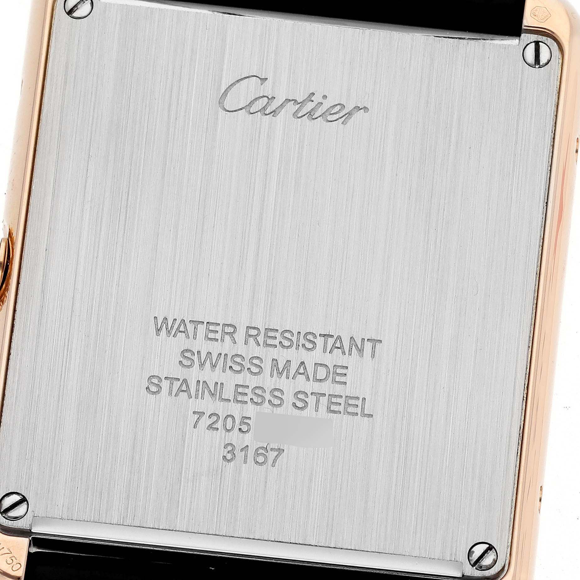 This image shows the back case of the Cartier Tank Solo W5200025 Men's Steel and Gold (two tone) Silver Dial W5200025 Men's Steel and Gold (two tone) Silver Dial watch, displaying the brand engraving and specifications.