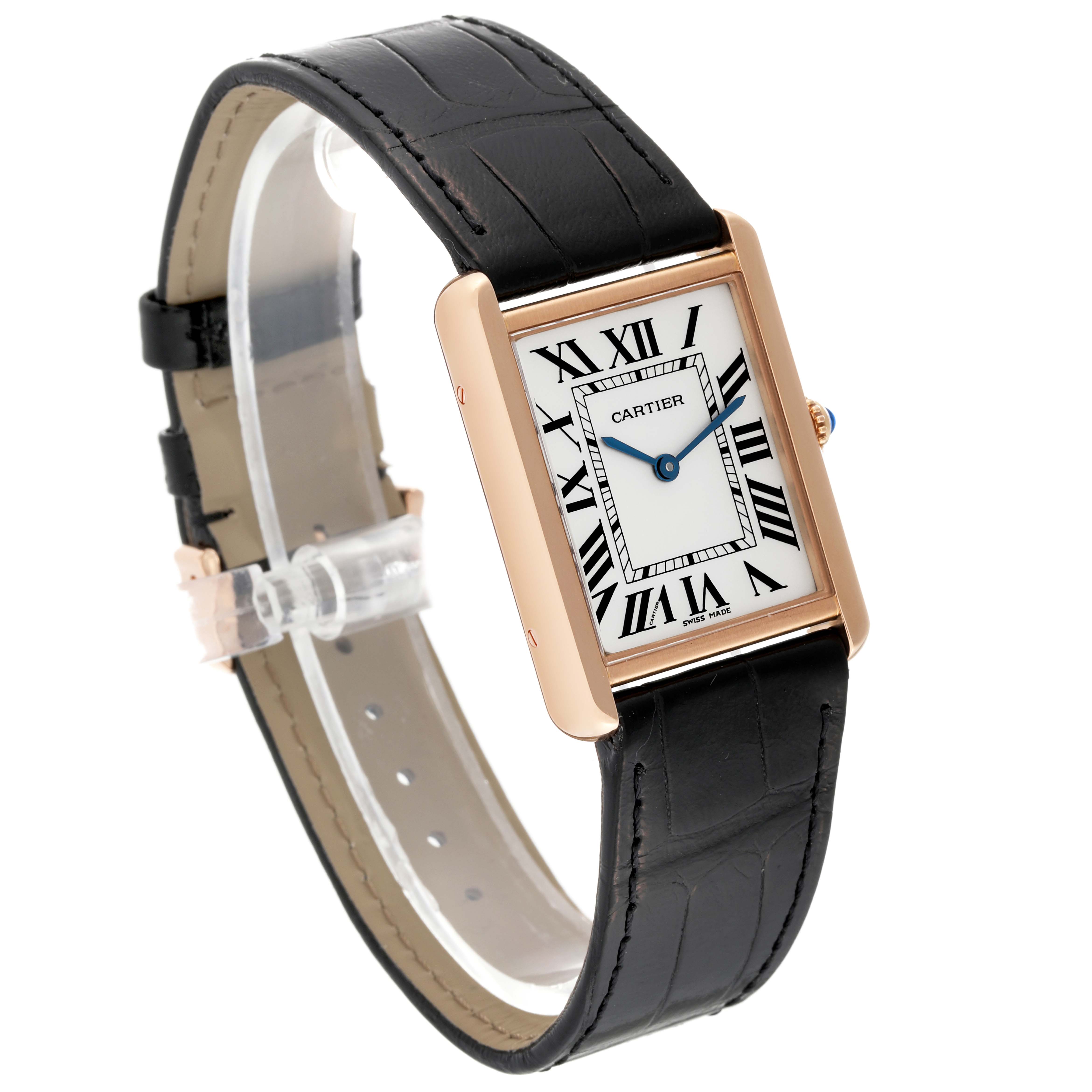 The Cartier Tank Solo W5200025 Men's Steel and Gold (two tone) Silver Dial W5200025 Men's Steel and Gold (two tone) Silver Dial watch is shown at a three-quarter angle highlighting its rectangular face, leather strap, and Roman numeral dial.