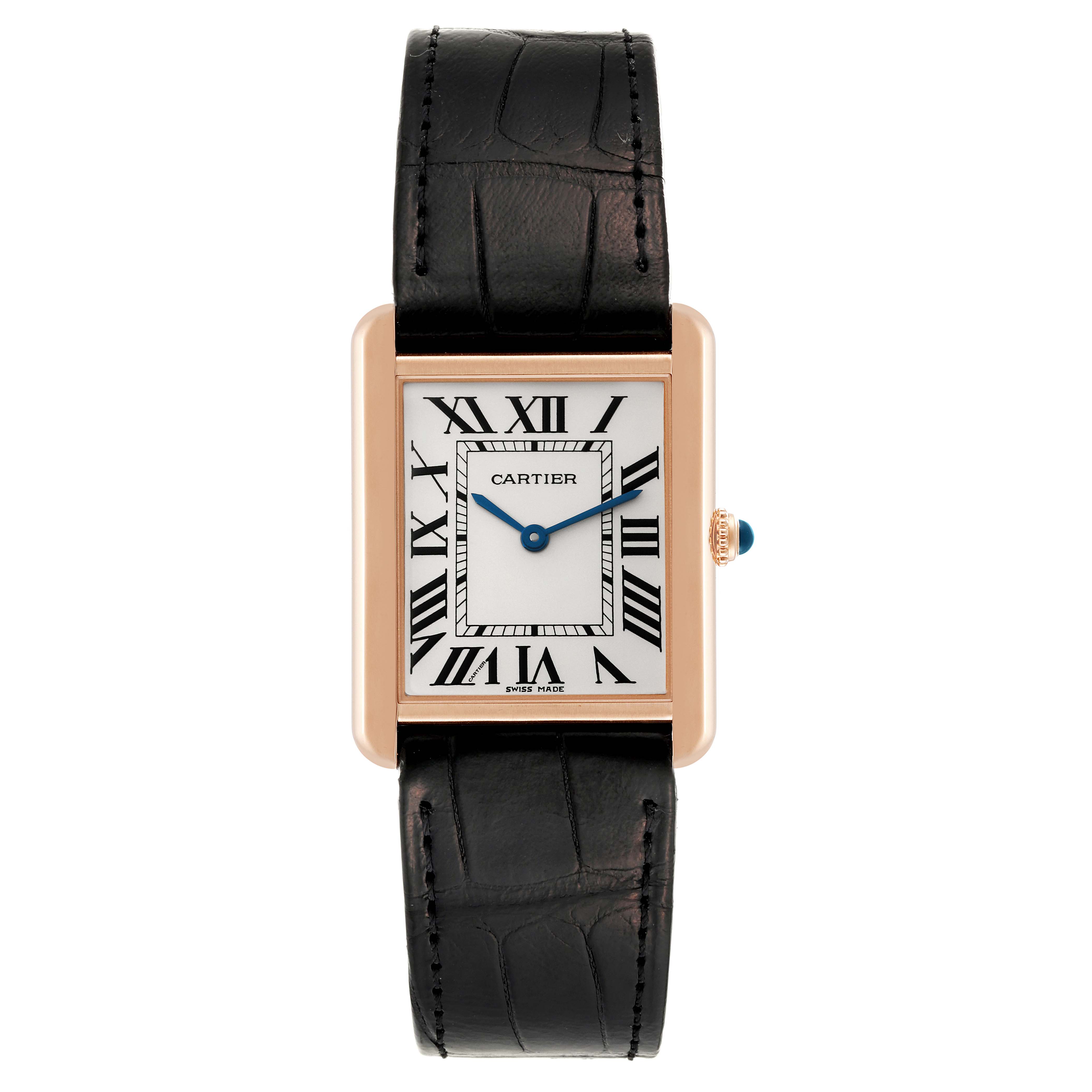The image shows a front view of the Cartier Tank Solo W5200025 Men's Steel and Gold (two tone) Silver Dial W5200025 Men's Steel and Gold (two tone) Silver Dial watch, highlighting its dial, Roman numerals, hands, and black leather strap.