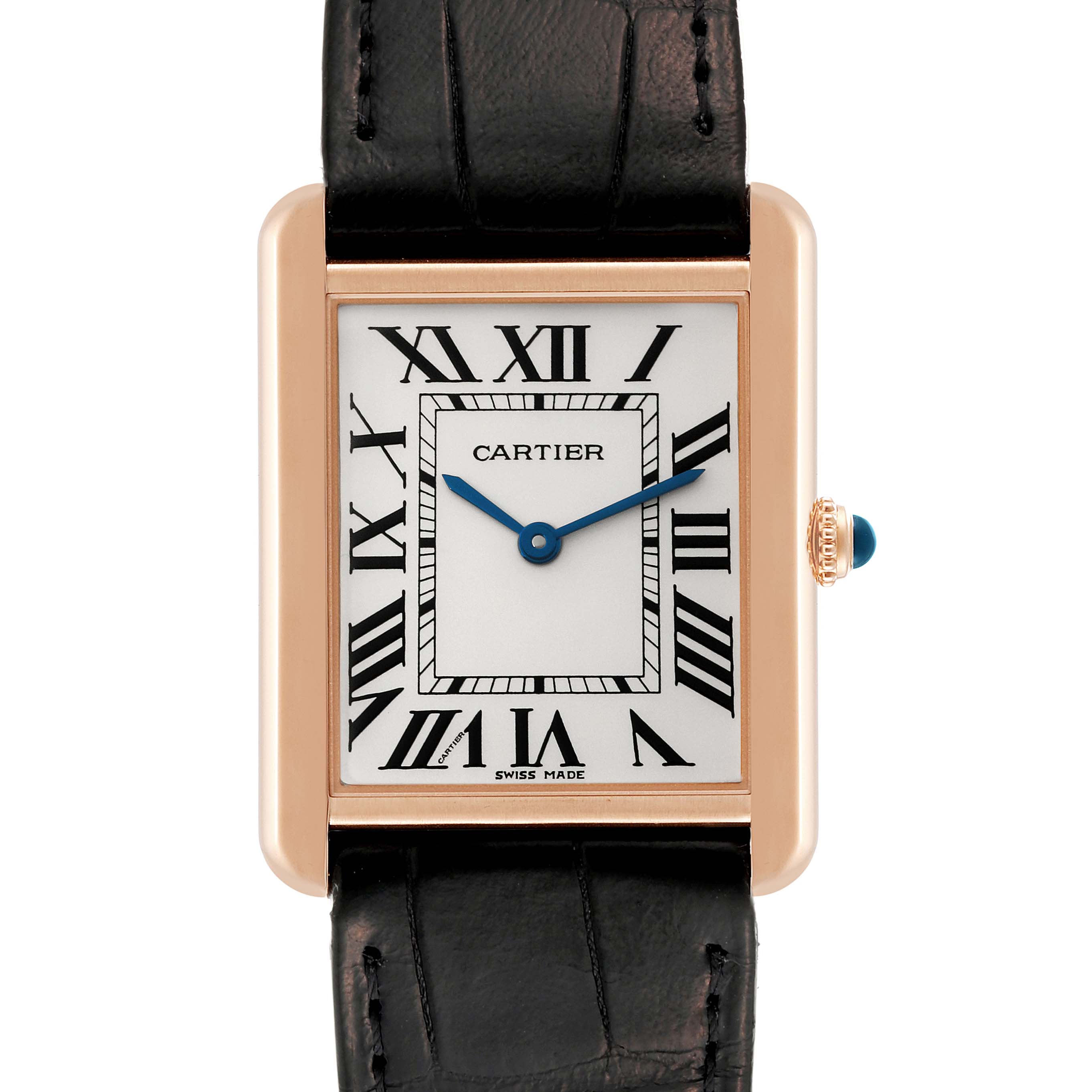 The image shows a front view of the Cartier Tank Solo W5200025 Men's Steel and Gold (two tone) Silver Dial W5200025 Men's Steel and Gold (two tone) Silver Dial watch, highlighting its rectangular face and black leather strap.