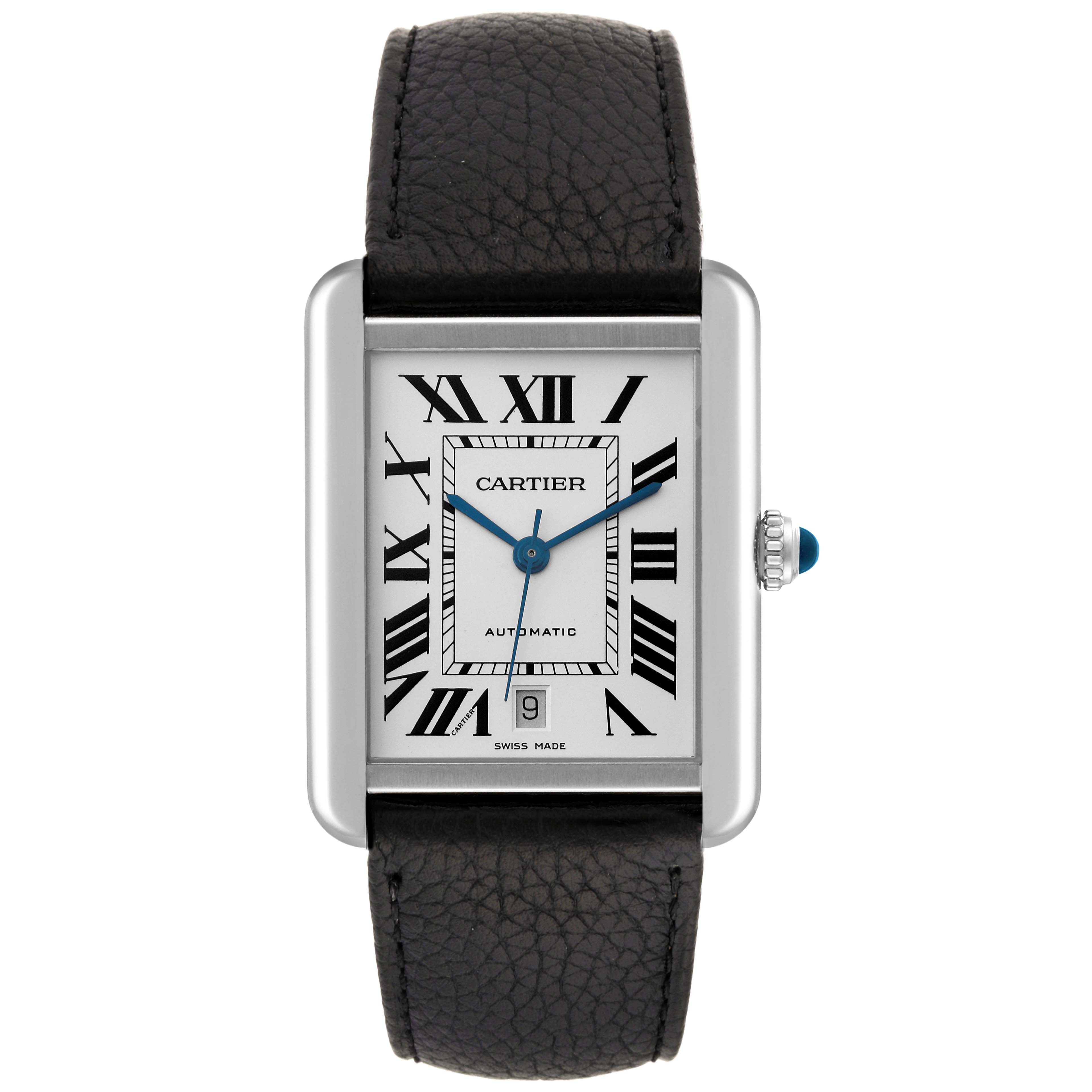 This image shows a front view of the Cartier Tank Solo W5200027 Men's Stainless Steel Silver Dial W5200027 Men's Stainless Steel Silver Dial watch, displaying its face, Roman numerals, and leather strap.