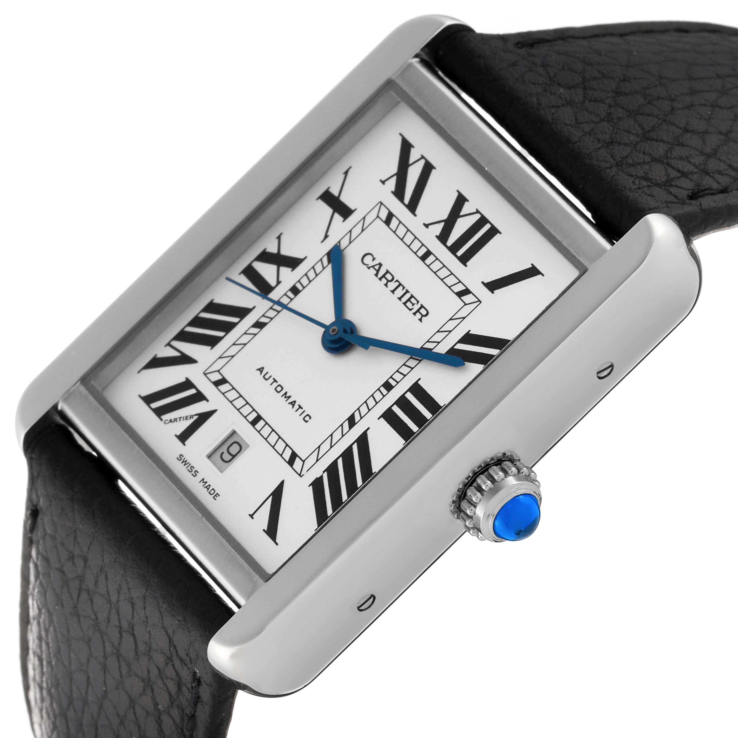 The image shows a close-up, angled view of a Cartier Tank Solo W5200027 Men's Stainless Steel Silver Dial W5200027 Men's Stainless Steel Silver Dial watch, highlighting the rectangular face, Roman numerals, and crown with a blue cabochon.