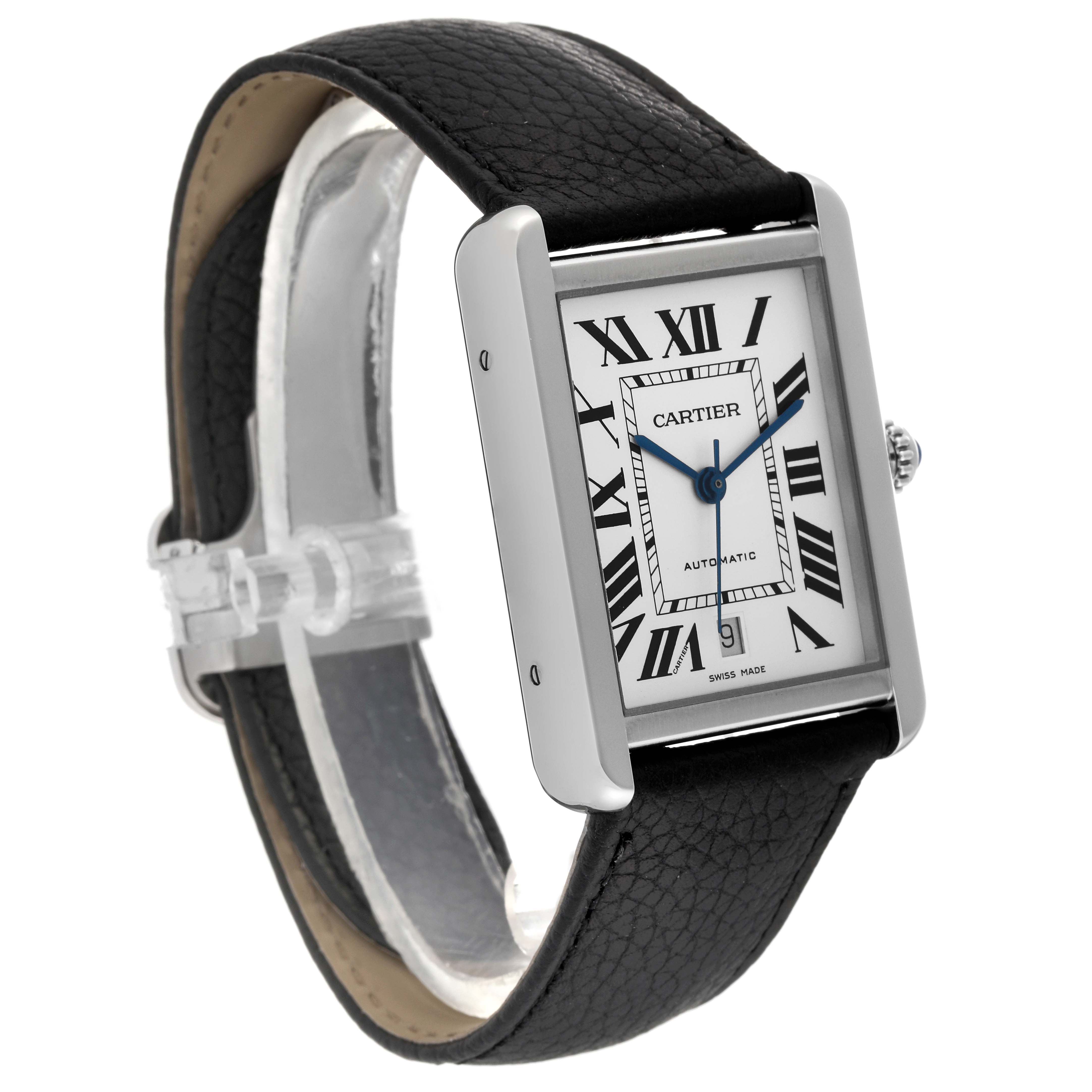 The Cartier Tank Solo W5200027 Men's Stainless Steel Silver Dial W5200027 Men's Stainless Steel Silver Dial watch is shown at an angle highlighting the face, leather strap, and side profile.