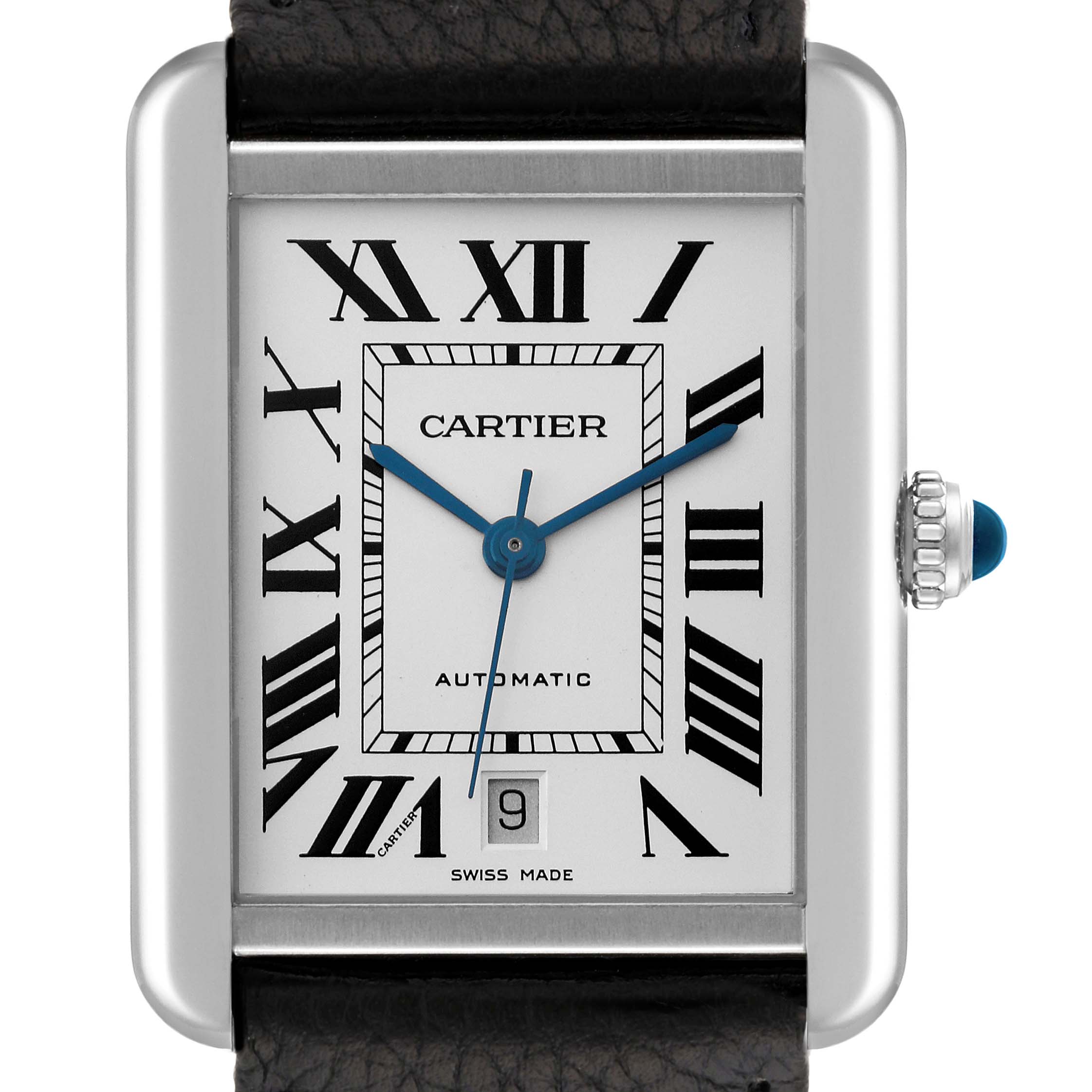 The image shows a front view of the Cartier Tank Solo W5200027 Men's Stainless Steel Silver Dial W5200027 Men's Stainless Steel Silver Dial watch, highlighting its face, Roman numerals, blue hands, and date window.
