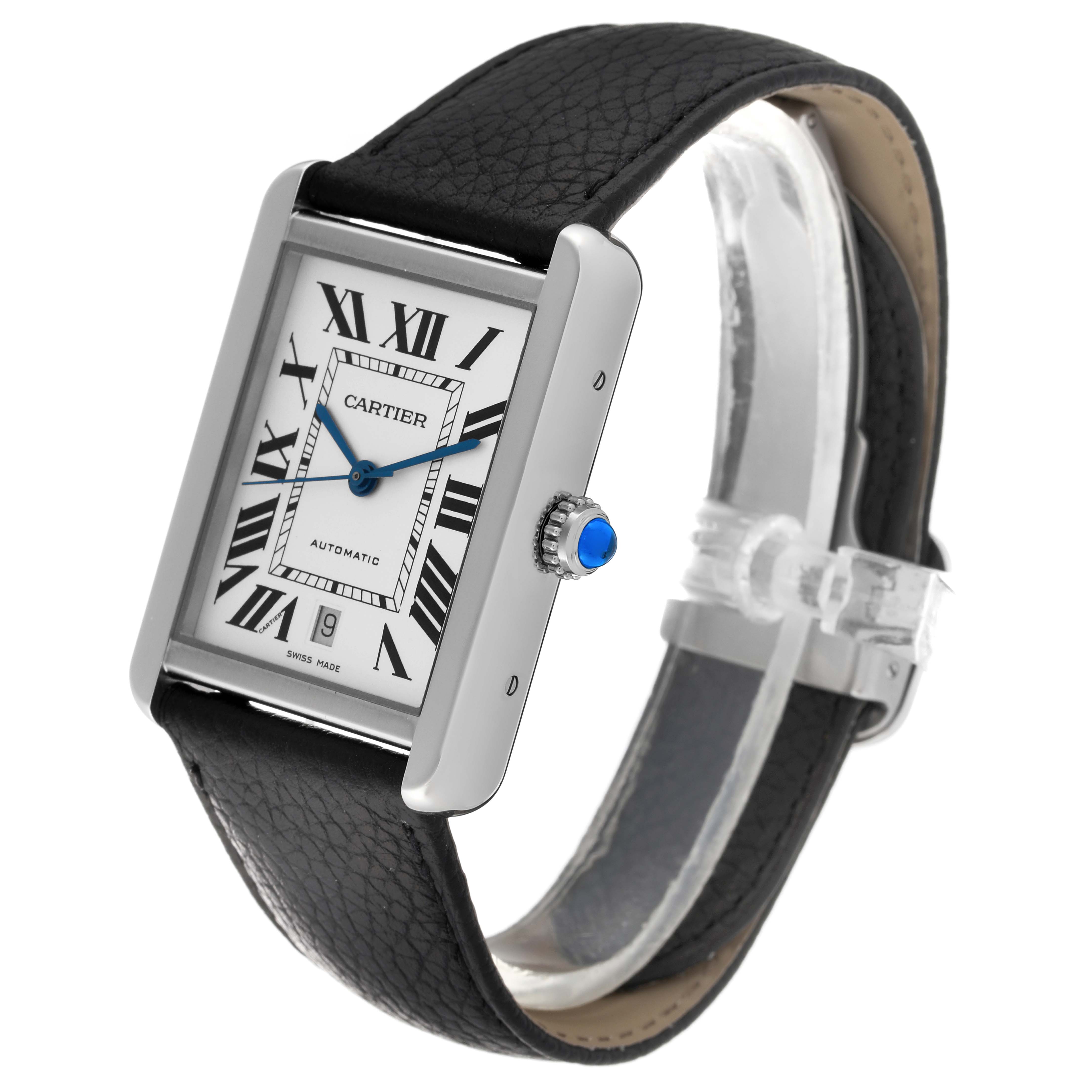 The Cartier Tank Solo W5200027 Men's Stainless Steel Silver Dial W5200027 Men's Stainless Steel Silver Dial watch is shown at a slight angle, displaying its Roman numeral dial, blue hands, crown with a blue cabochon, and black leather strap.