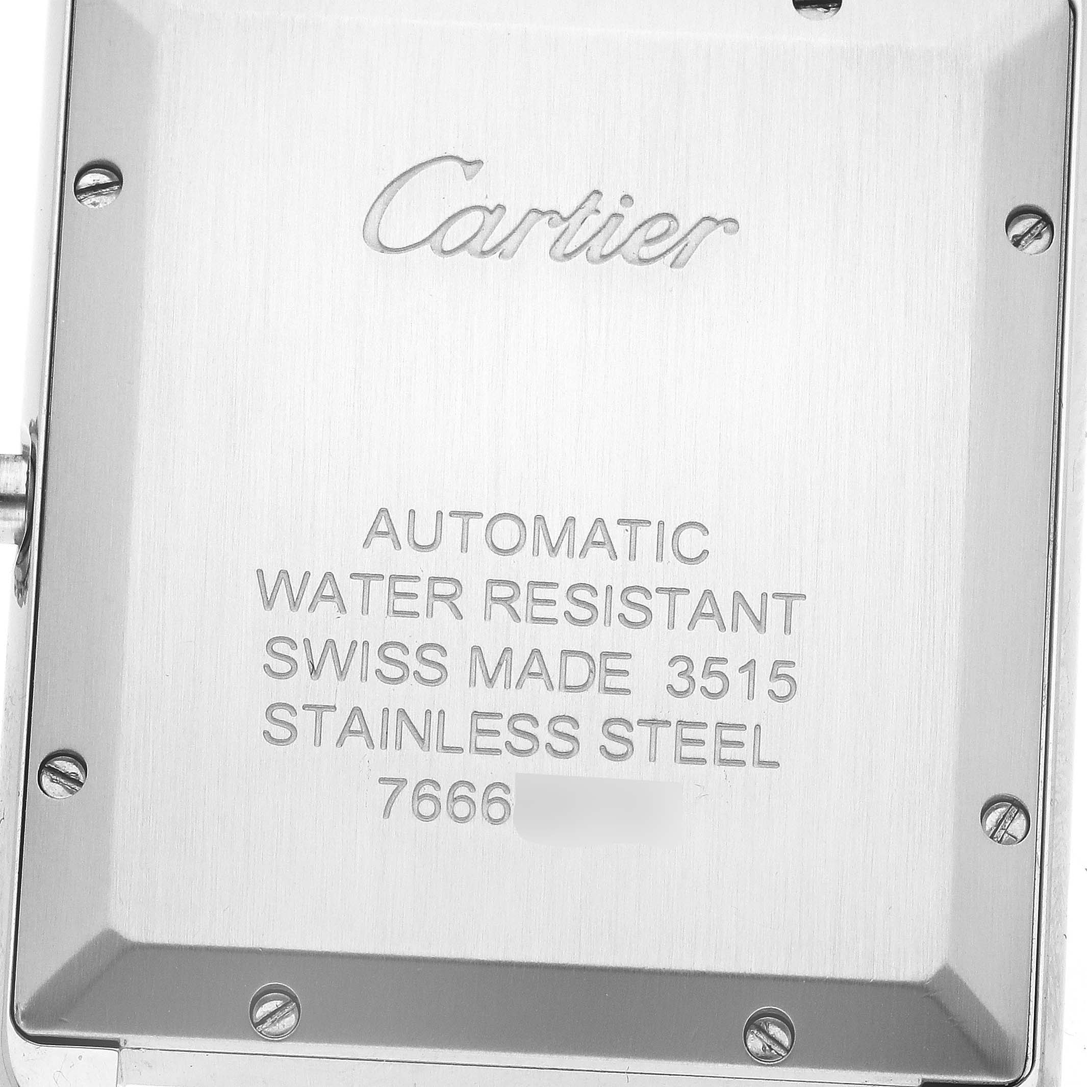 The image shows the back of a Cartier Tank Solo W5200027 Men's Stainless Steel Silver Dial W5200027 Men's Stainless Steel Silver Dial watch with its specifications engraved.