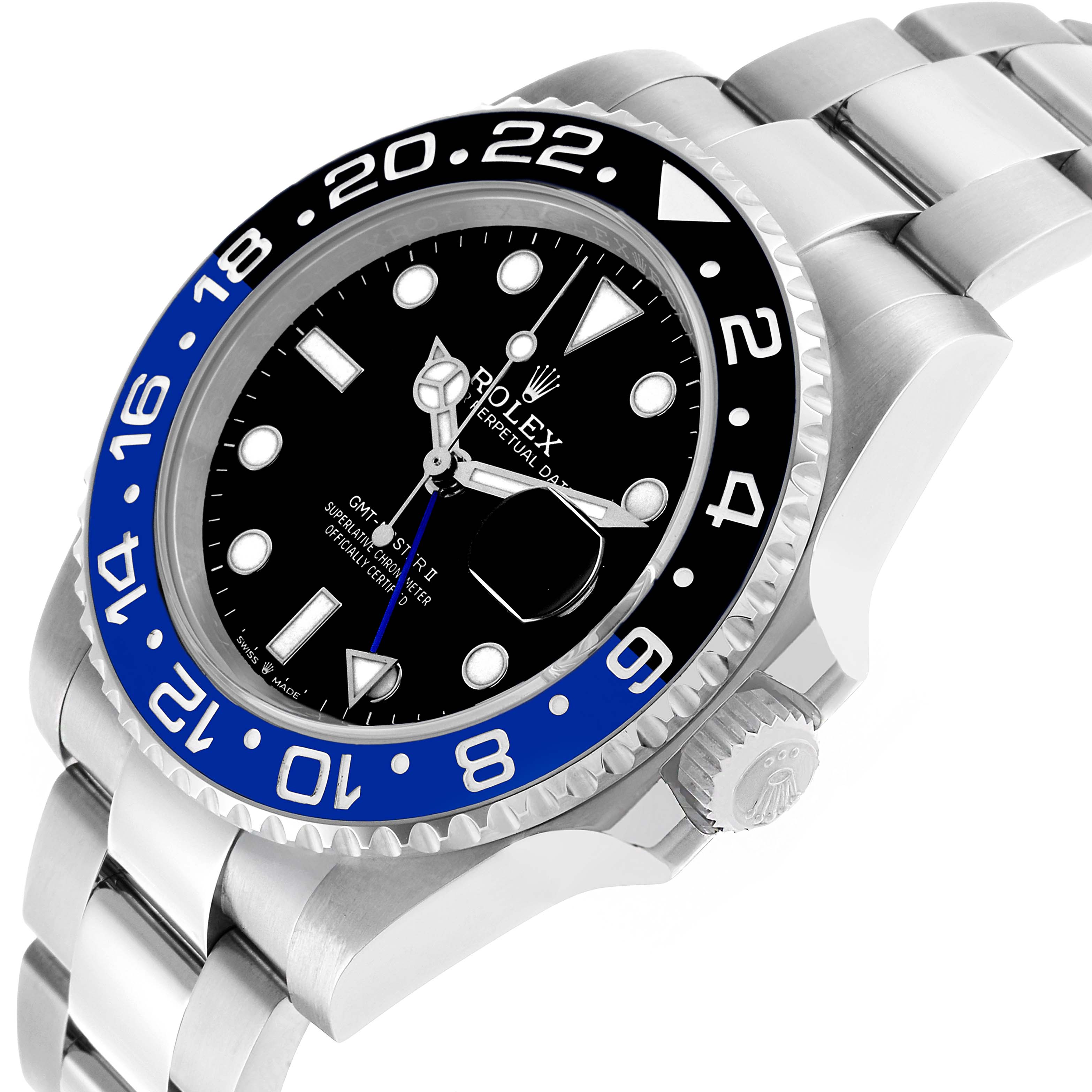 The Rolex GMT-Master 126710BLNR Men's Stainless Steel Black Dial watch is shown at an angled side view, highlighting the bezel, dial, and part of the bracelet.