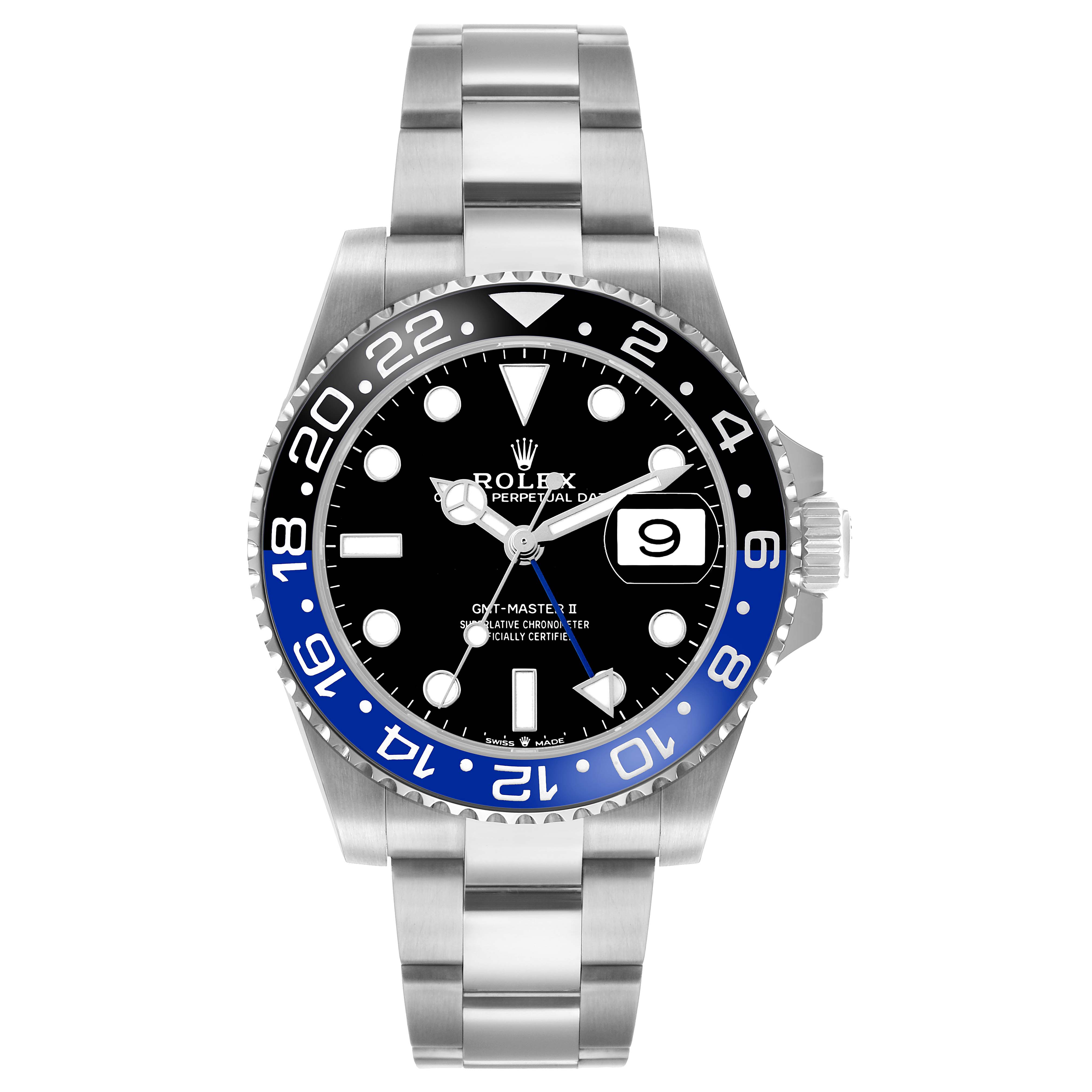 The Rolex GMT-Master 126710BLNR Men's Stainless Steel Black Dial watch is shown from the front, displaying the bezel, dial, hands, bracelet, and date window.