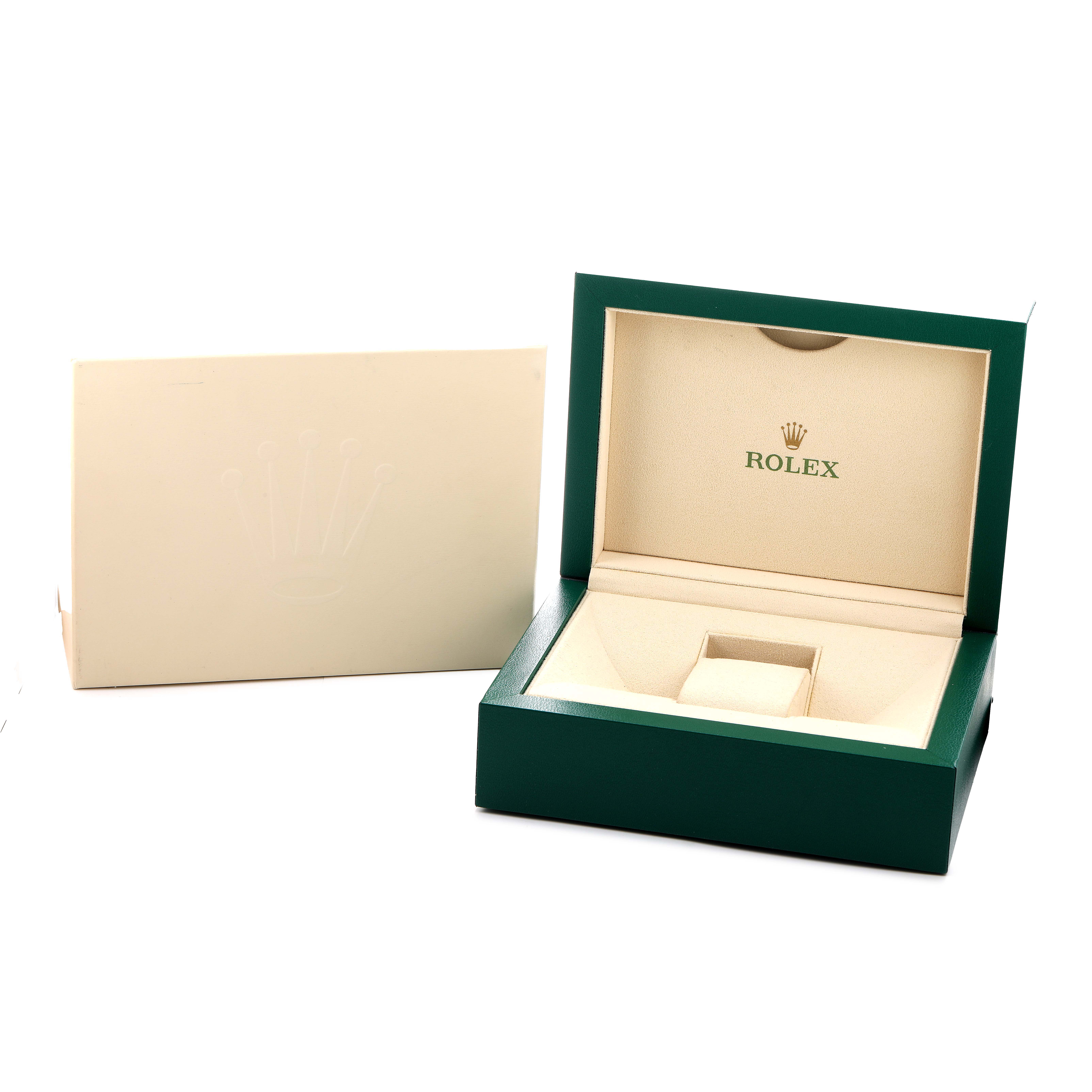 The image shows the open presentation box and outer packaging for a Rolex GMT-Master 126710BLNR Men's Stainless Steel Black Dial watch.